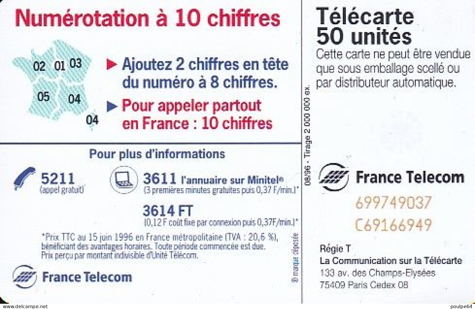 F685 08/1996 - MÉMORISATION À 10 CHIFFRES " Personnage Allo ! " - 50 SC7 -  - (verso : N° Deux Lignes Centrées) - 1996