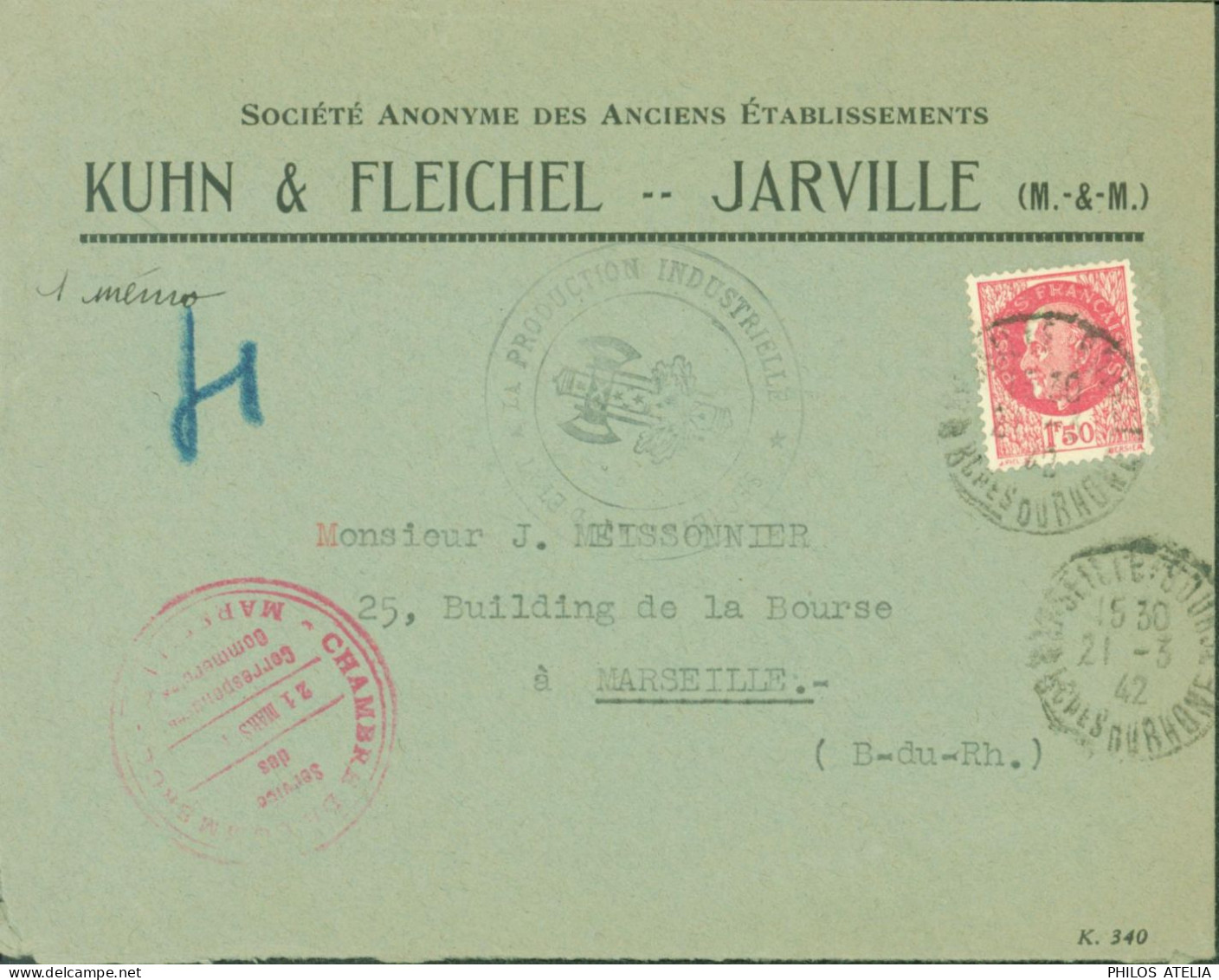 Guerre 40 SA Kuhn & Fleichel Jarville Cachet Chambre De Commerce Service Correspondances Commerciales Marseille - Guerra Del 1939-45