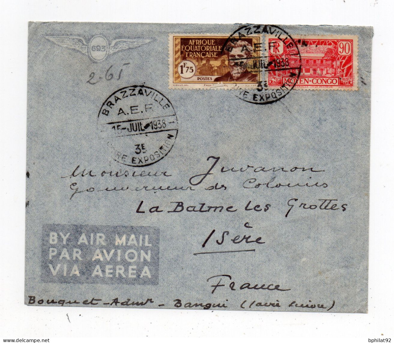 !!! AEF, LETTRE PAR AVION DE BRAZAVILLE POUR L'ISERE DE 1938 - Cartas & Documentos