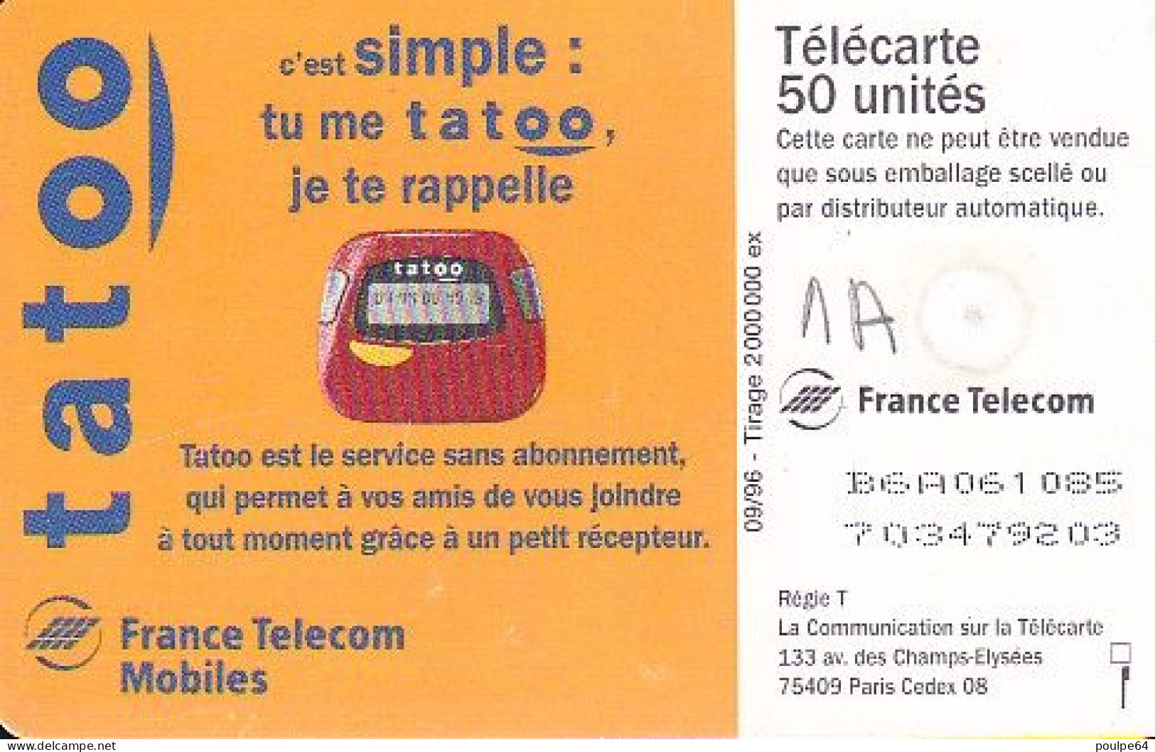 F690 09/1996 - TATOO - 50 GEM1A - (verso : N° B+6+A+6 Chiffres Deux Lignes) - 1996