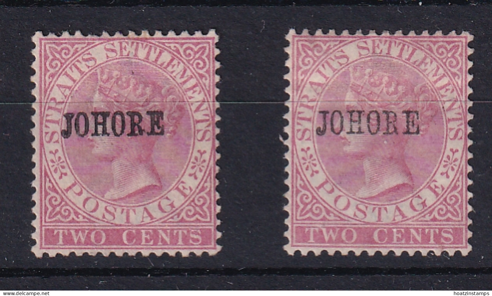 Malaya - Johore: 1884/86   QV 'Johore' OVPT    SG?    2c    Bright Rose  [BOGUS?]  MH (x2) - Johore