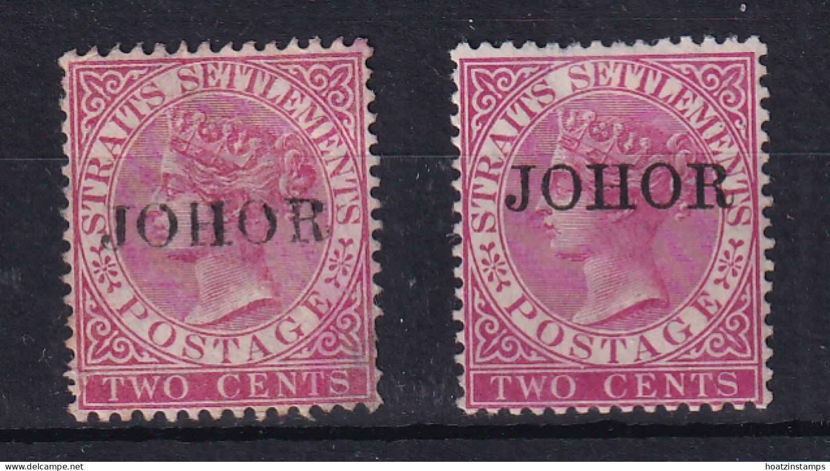 Malaya - Johore: 1884/91   QV 'Johor' OVPT    SG15    2c  Bright Rose   MH (x2)    - Johore