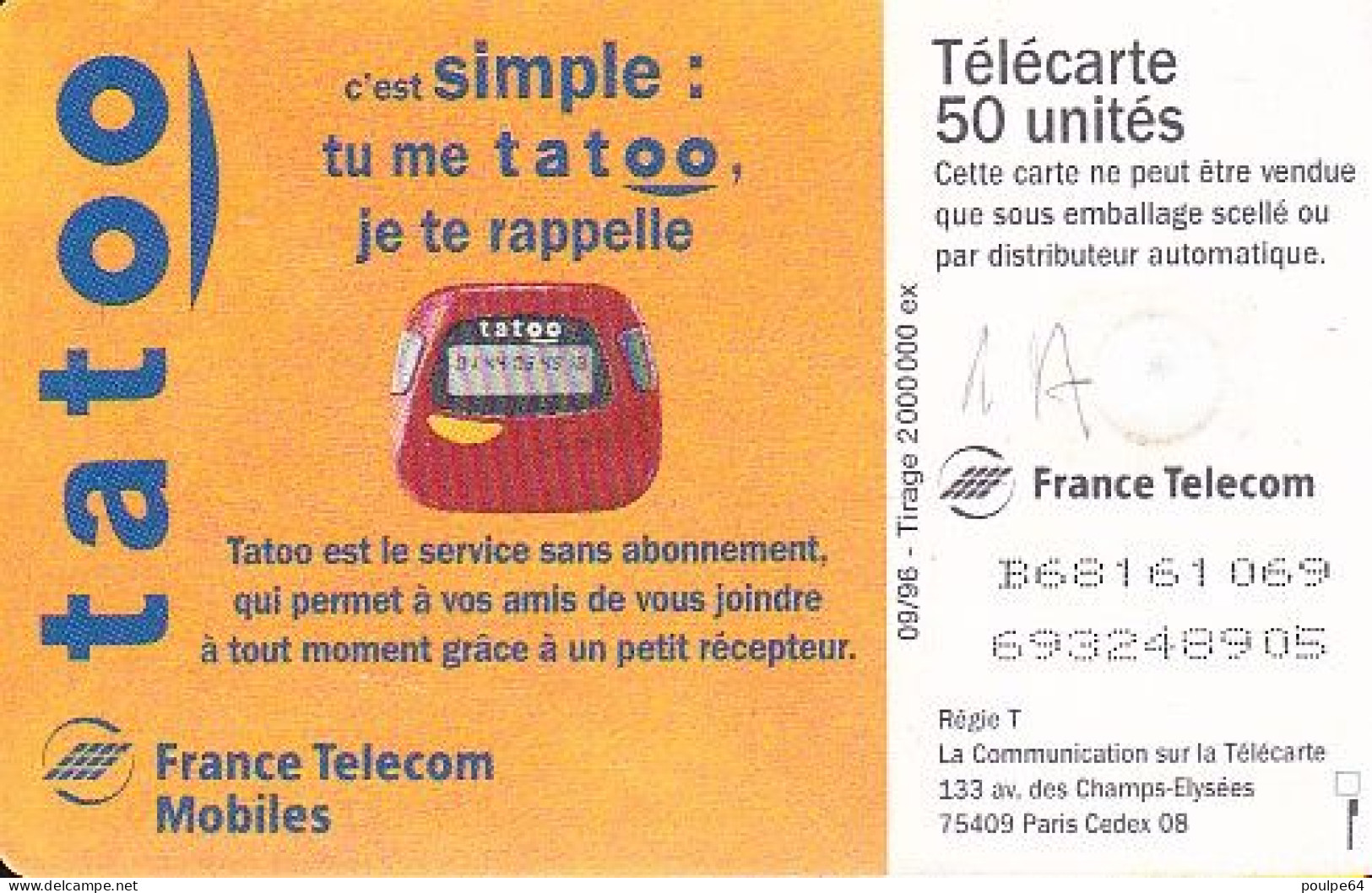 F690 09/1996 - TATOO - 50 GEM1A - (verso : N° B+8 Chiffres Deux Lignes) - 1996