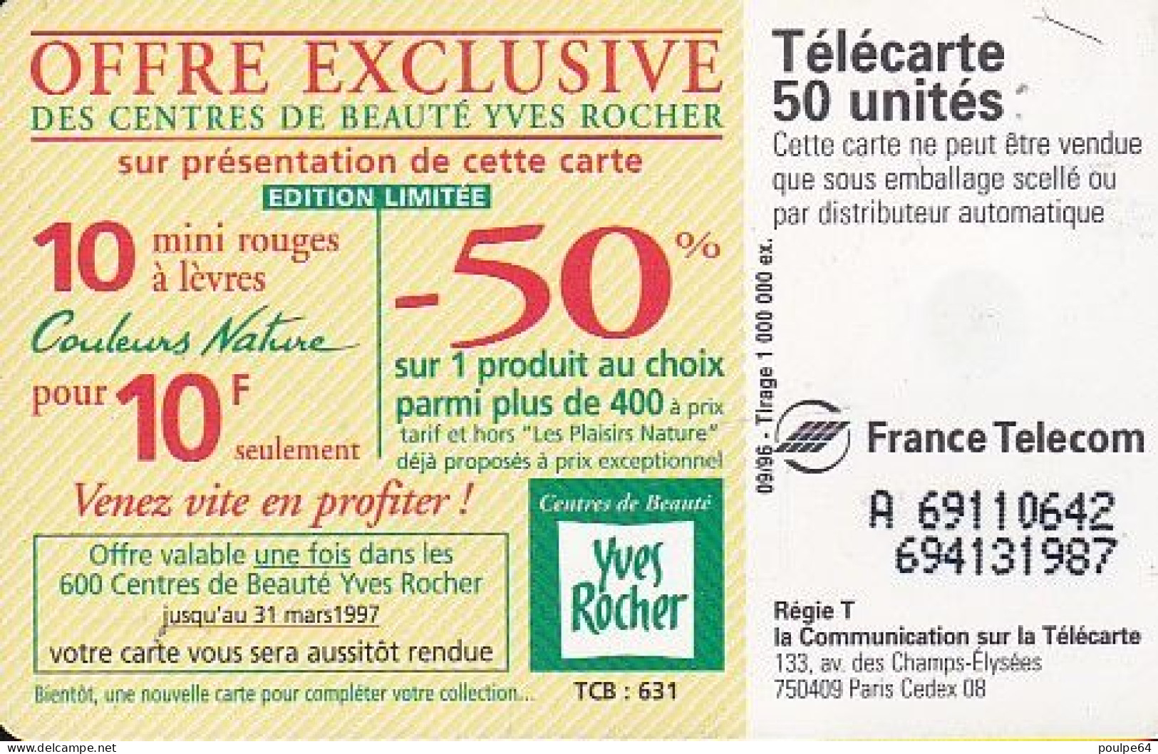 F693 09/1996 - YVES ROCHER " Rouges à Lèvres " - 50 SO3 - (verso : N° Deux Lignes - 2 ème Ligne  Vers La Droite) - 1996