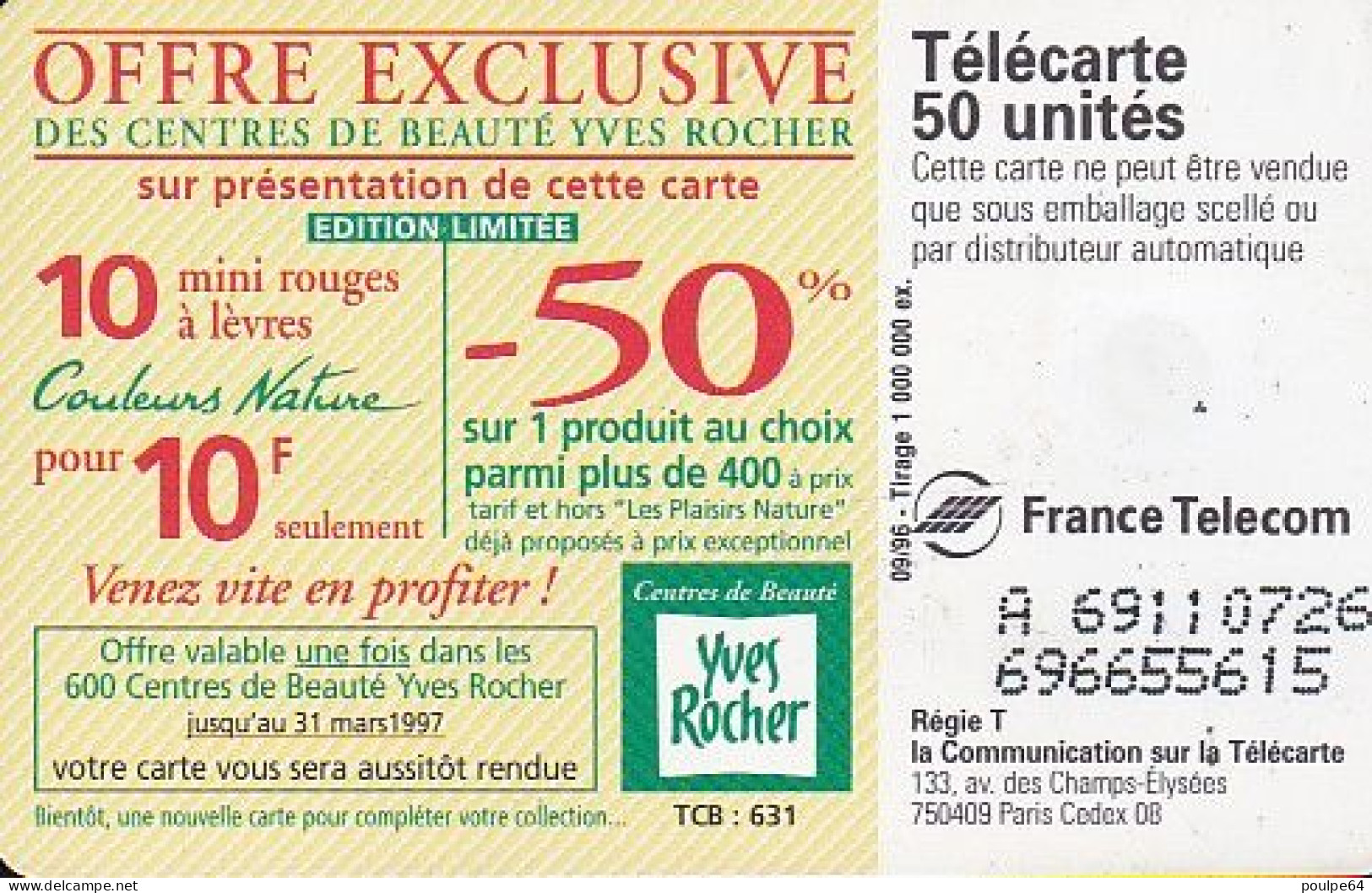 F693 09/1996 - YVES ROCHER " Rouges à Lèvres " - 50 SO3 - (verso : N° Deux Lignes - 2 ème Ligne  Vers La Gauche) - 1996
