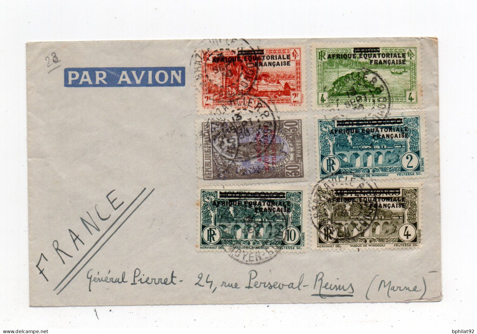 !!! AEF, LETTRE PAR AVION DE BRAZZAVILLE POUR REIMS DE 1938 - Cartas & Documentos