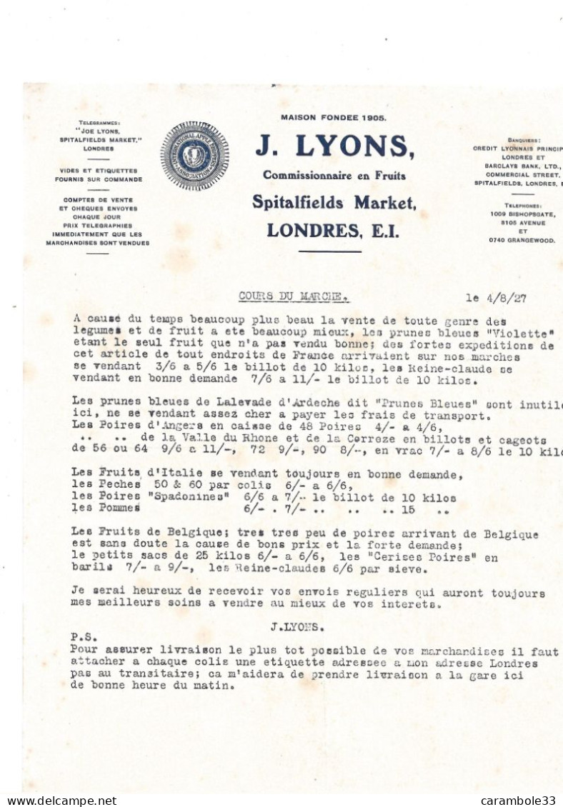 J. LYONS   LONDRES, E.I. Spitalfields  Market   COURS DU MARCHE 1927 - United Kingdom