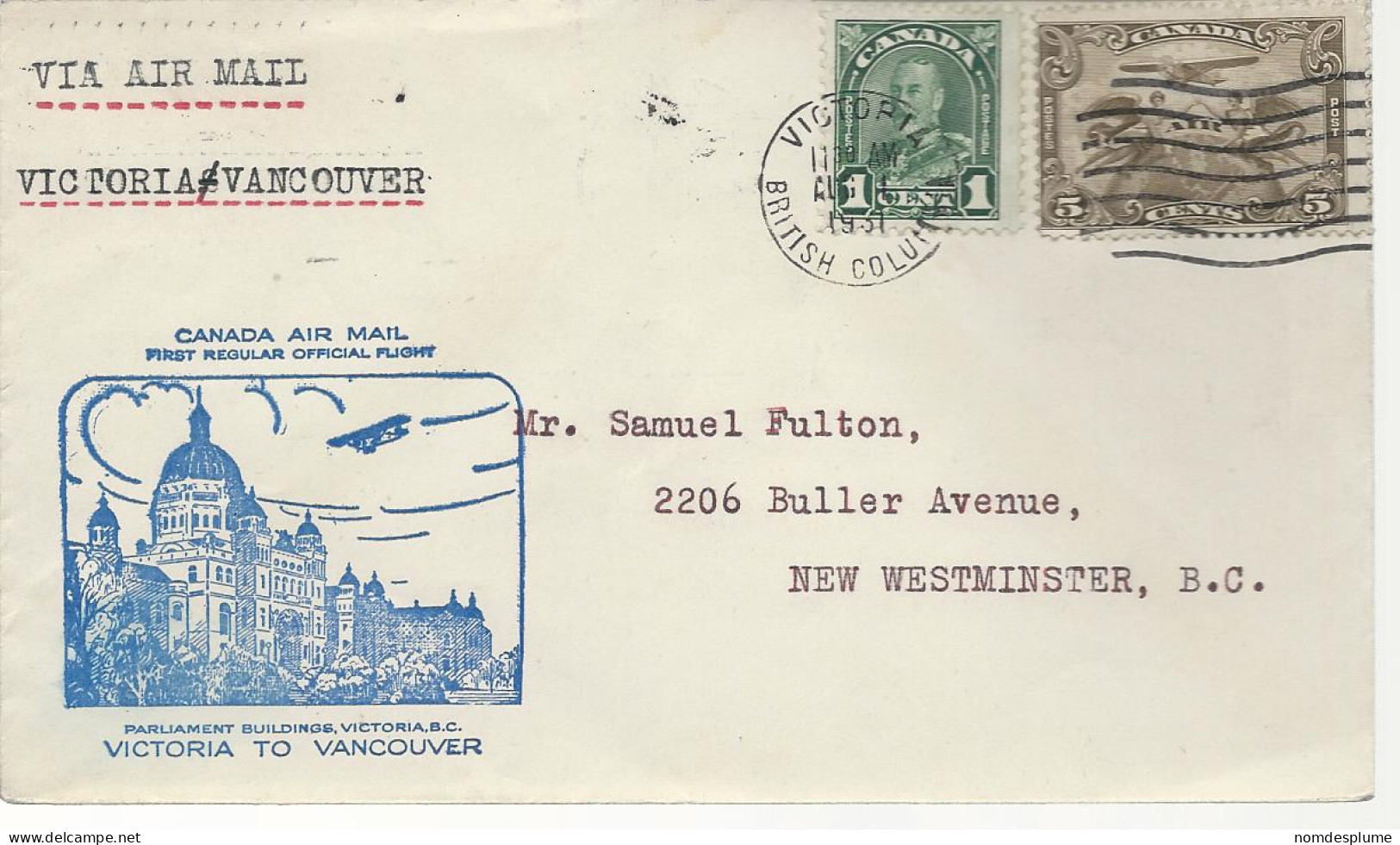 24439) Canada Victoria Postmark Cancel 1931 Air Mail First Regular Official Flight To Vancouver - Aéreo