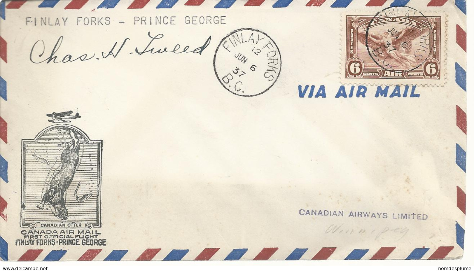 24441) Canada Finlay Forks Postmark Cancel 1937 Air Mail Closed Post Office First Official  Flight To Prince George - Luchtpost