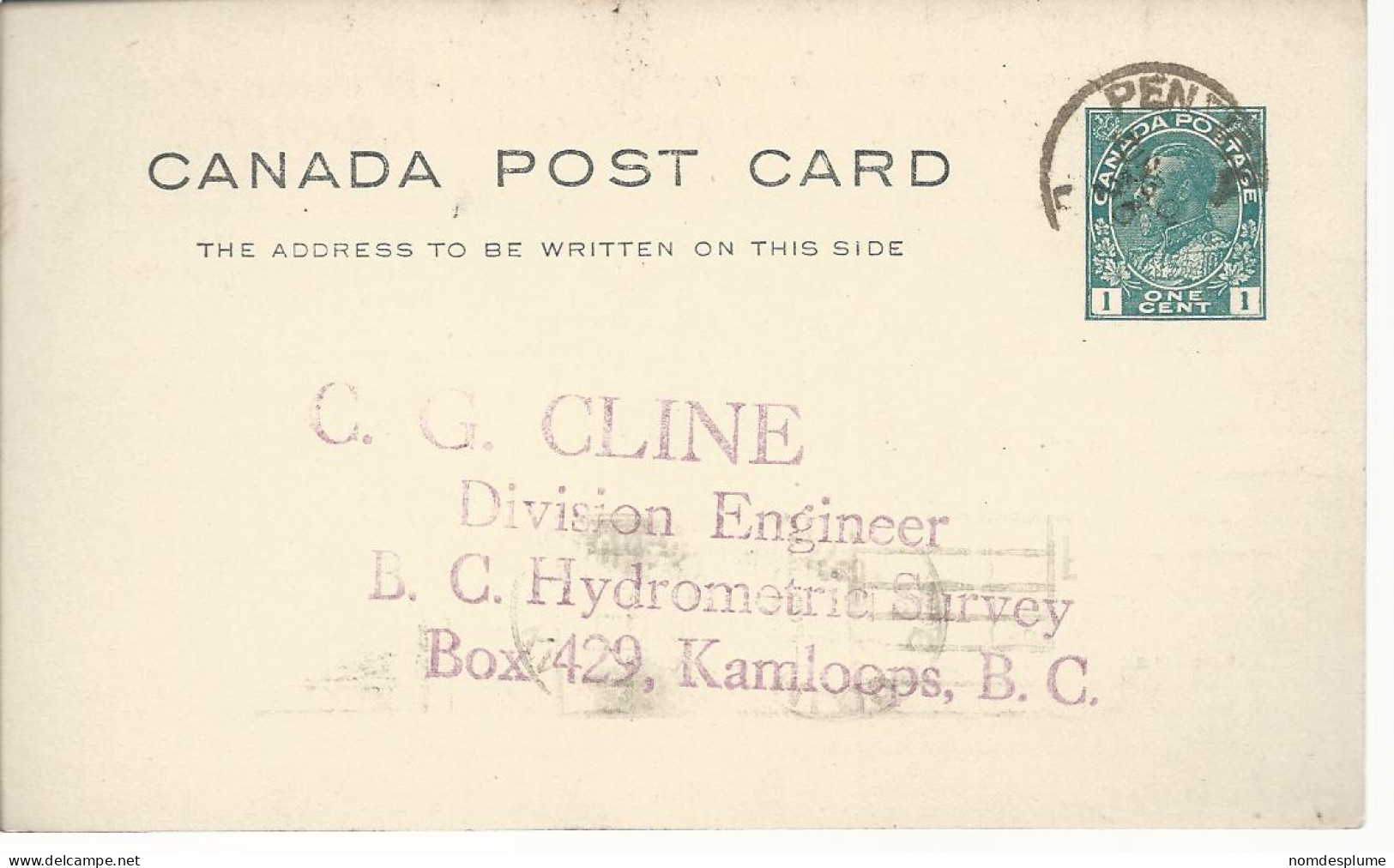 24452) Canada Observations Of River Height Hydrometric Survey Card Postmark Cancel 1920 - Penticton