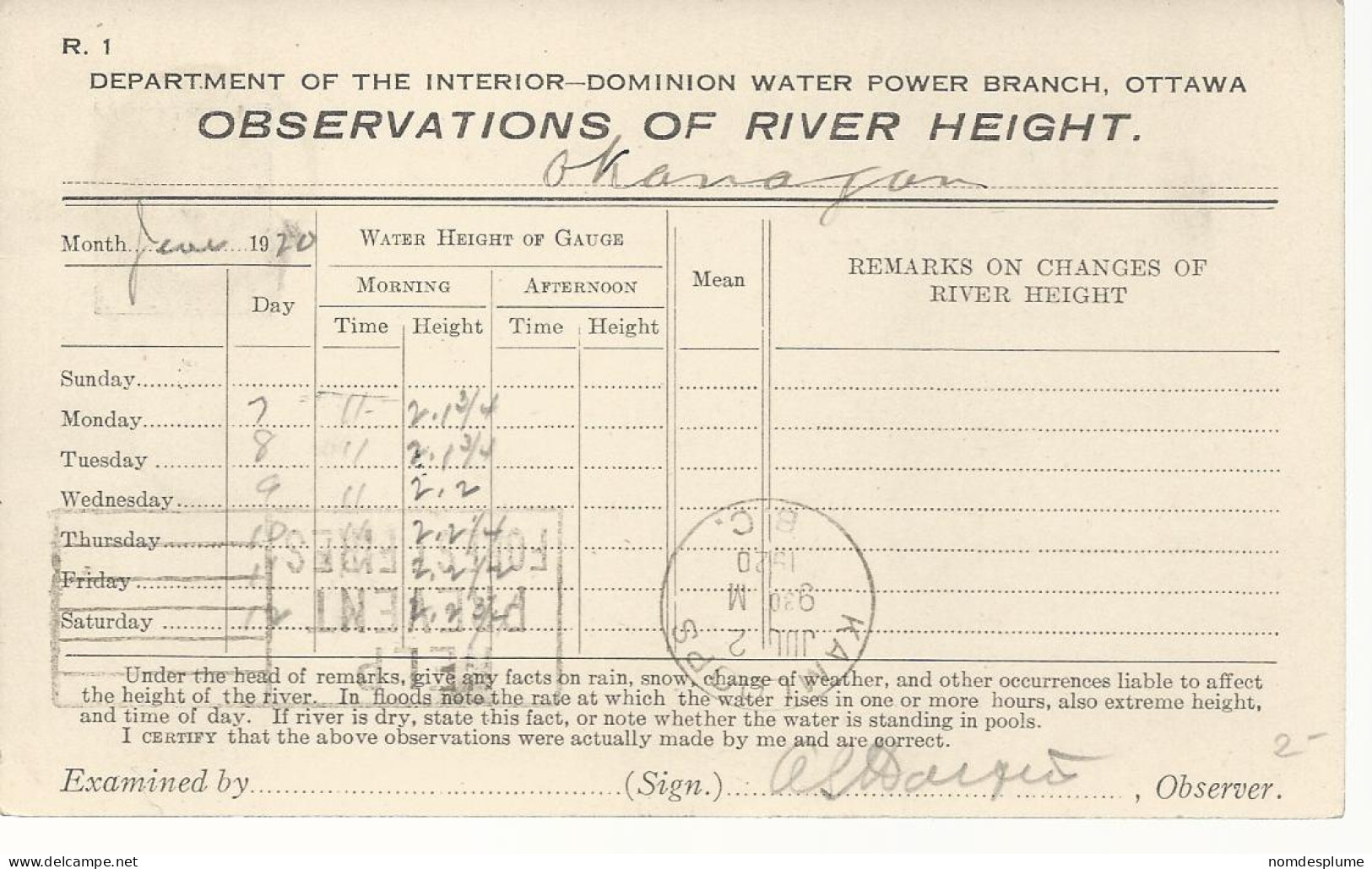 24452) Canada Observations Of River Height Hydrometric Survey Card Postmark Cancel 1920 - Penticton
