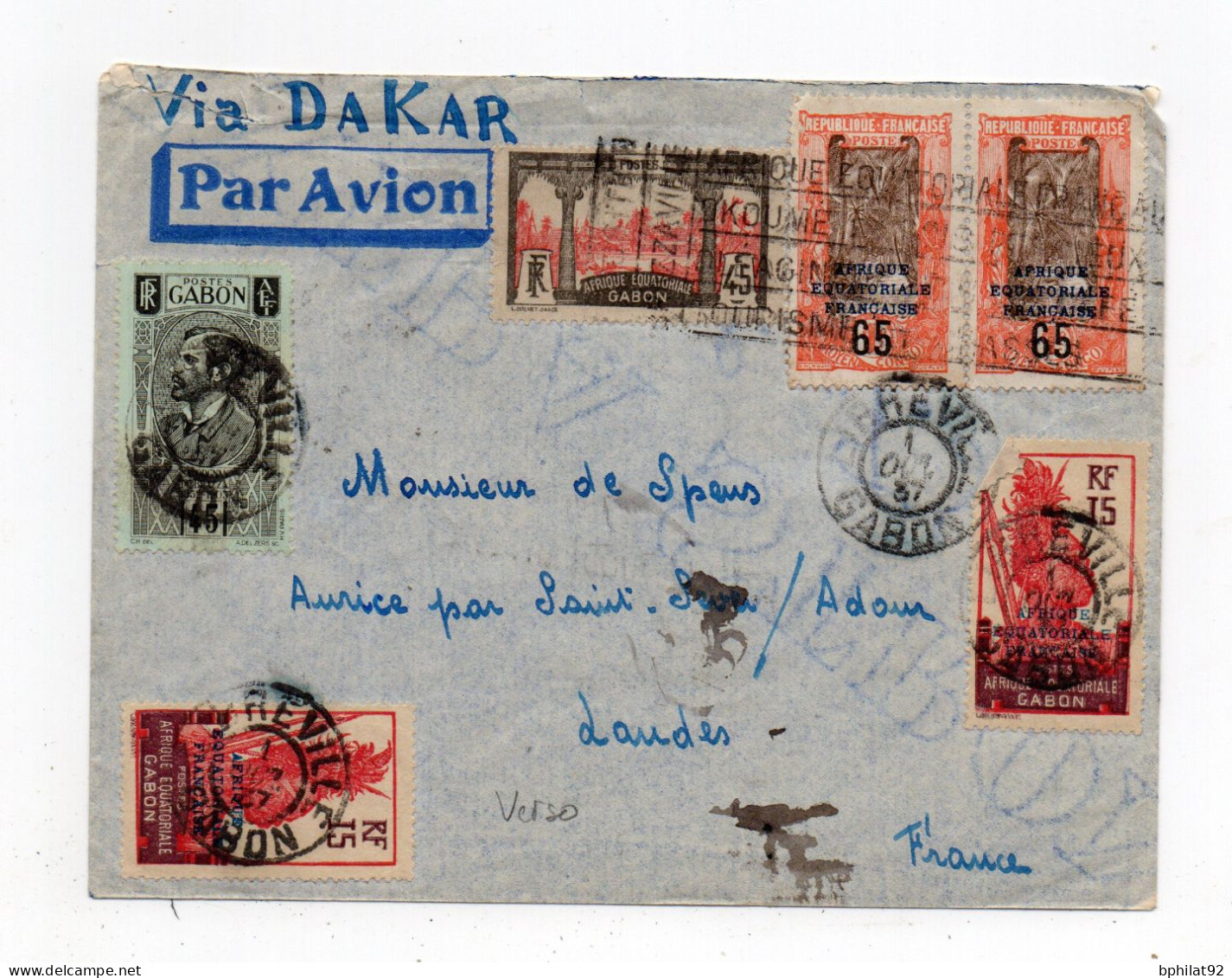 !!! AEF, LETTRE PAR AVION DE LIBREVILLE POUR ST SEVER DE 1937, BEL AFFRANCH RECTO VERSO - Cartas & Documentos