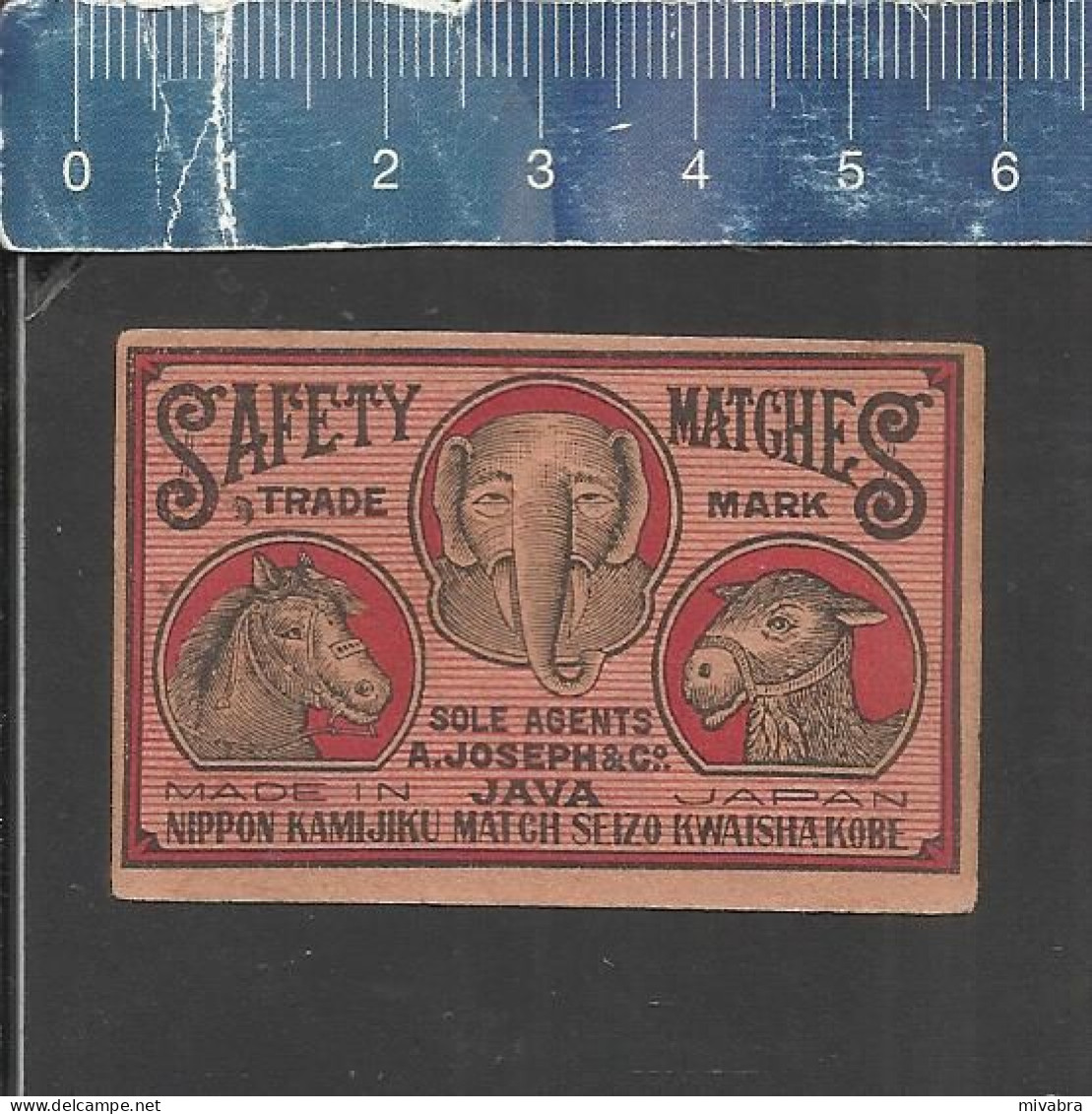 ELEPHANT - HORSE & LAMA (ELEFANT OLIFANT JUMBO) - OLD VINTAGE EXPORT MATCHBOX LABEL MADE IN  JAPAN - A. JOSEPH & C° JAVA - Zündholzschachteletiketten