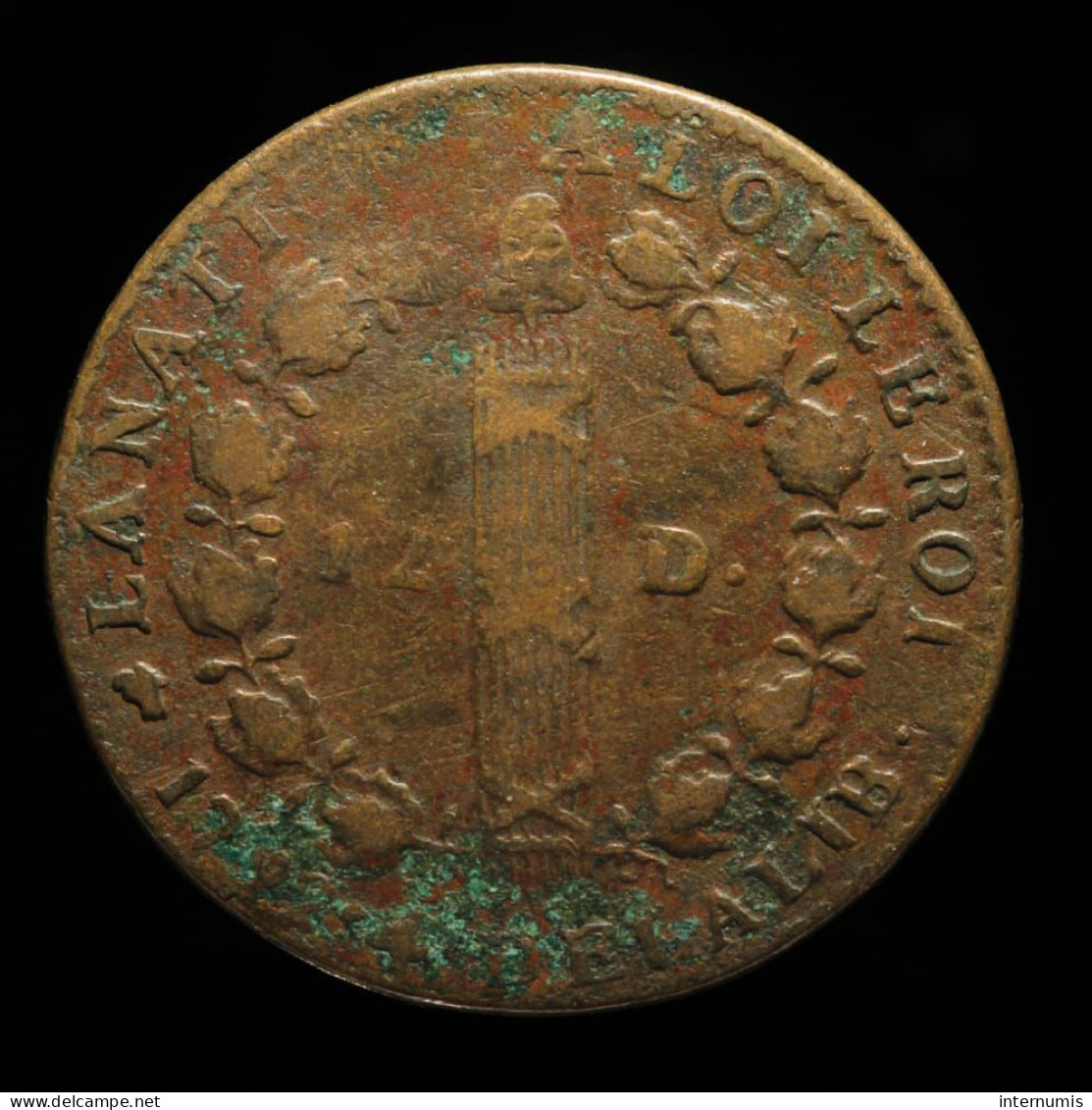 France, Type François, 12 Deniers, 1792 An 4, D - Lyon, Cuivre (Copper), TB+ (VF), KM#600.5, G.15 - 1791-1792 Constitution (An I)