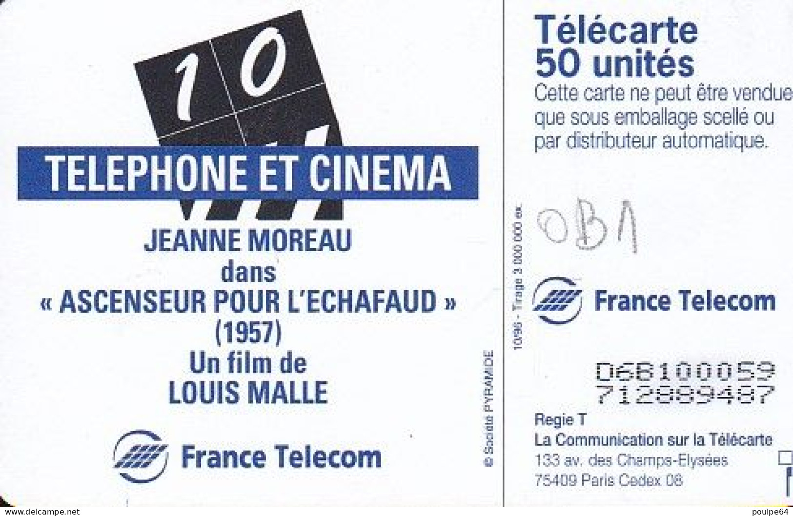 F699 10/1996 - JEANNE MOREAU - 50 OB1 - (verso : N° D+6+B+6 Chiffres - Deux Lignes) - 1996