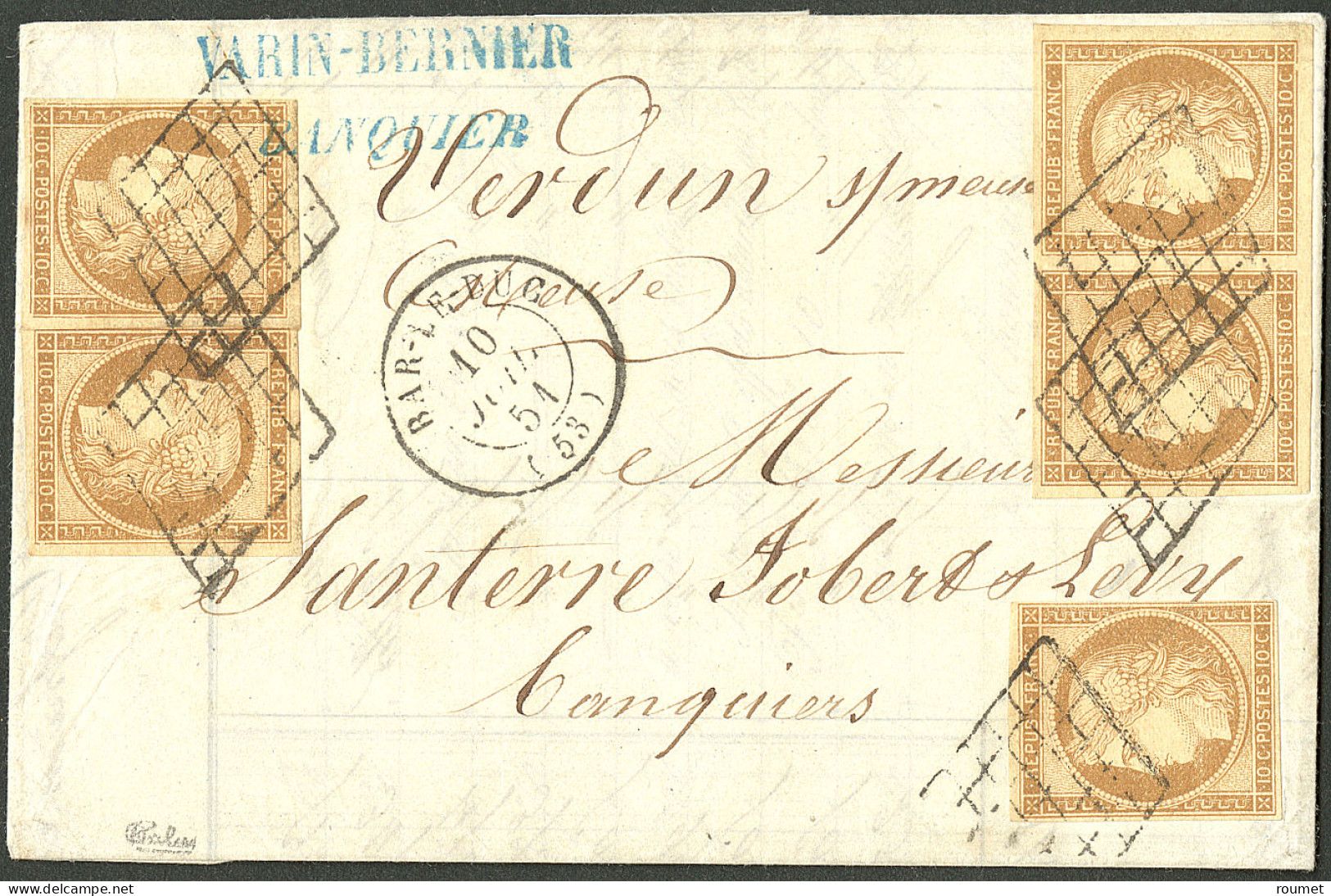 Lettre Affranchissement à 50cts. No 1 (paire + 3, Obl Grille Sur Lettre De Bar Le Duc 10 Juil 51, Pour Verdun. - RR - 1849-1850 Cérès