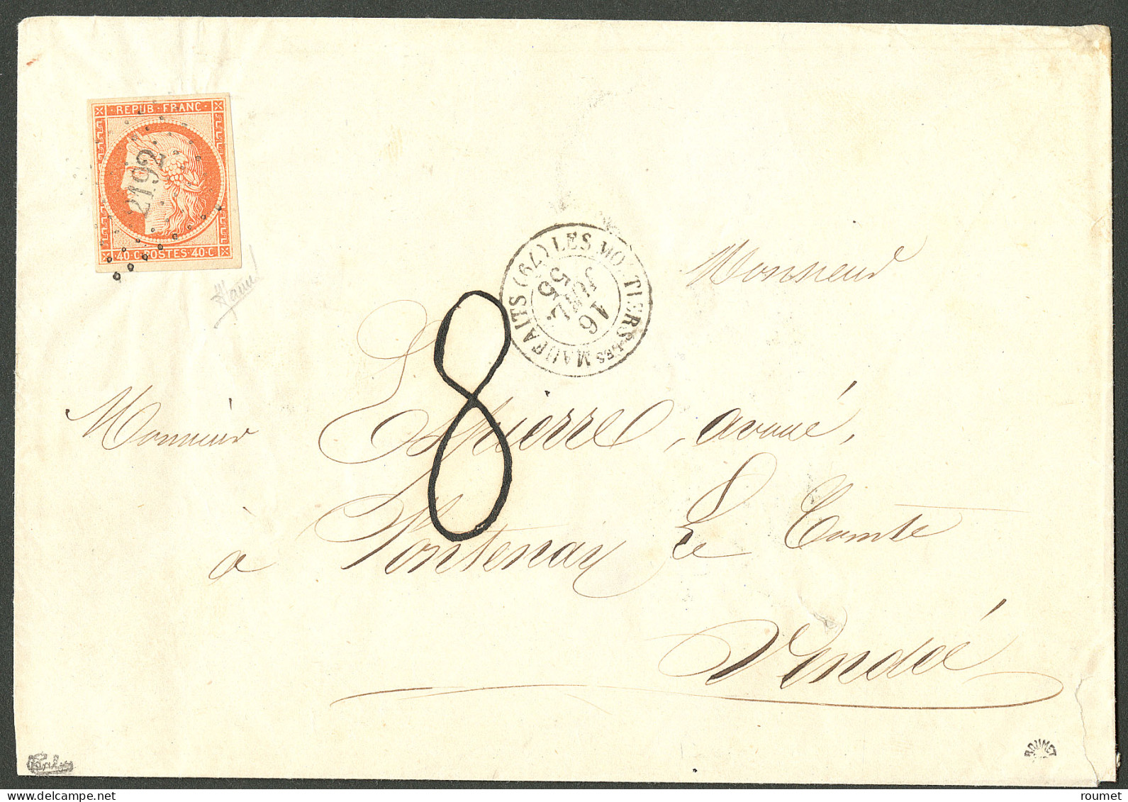 Lettre Triple Port. No 5, Obl Pc 2192, Sur Enveloppe De Les Moutiers Les Maufaits Juil 55, Taxée "8", Pour Fontenay Le C - 1849-1850 Cérès