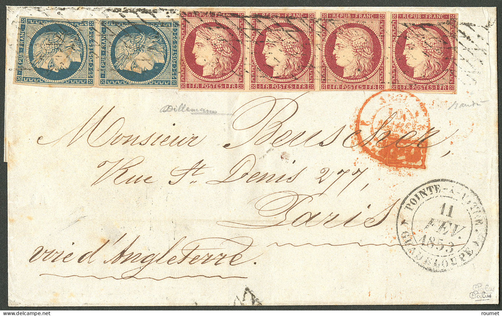 Lettre Utilisation Des Timbres De France En Guadeloupe. Nos 4 Paire Verticale (pli D'archive) + 6 Bande De Quatre (un Ex - 1849-1850 Ceres