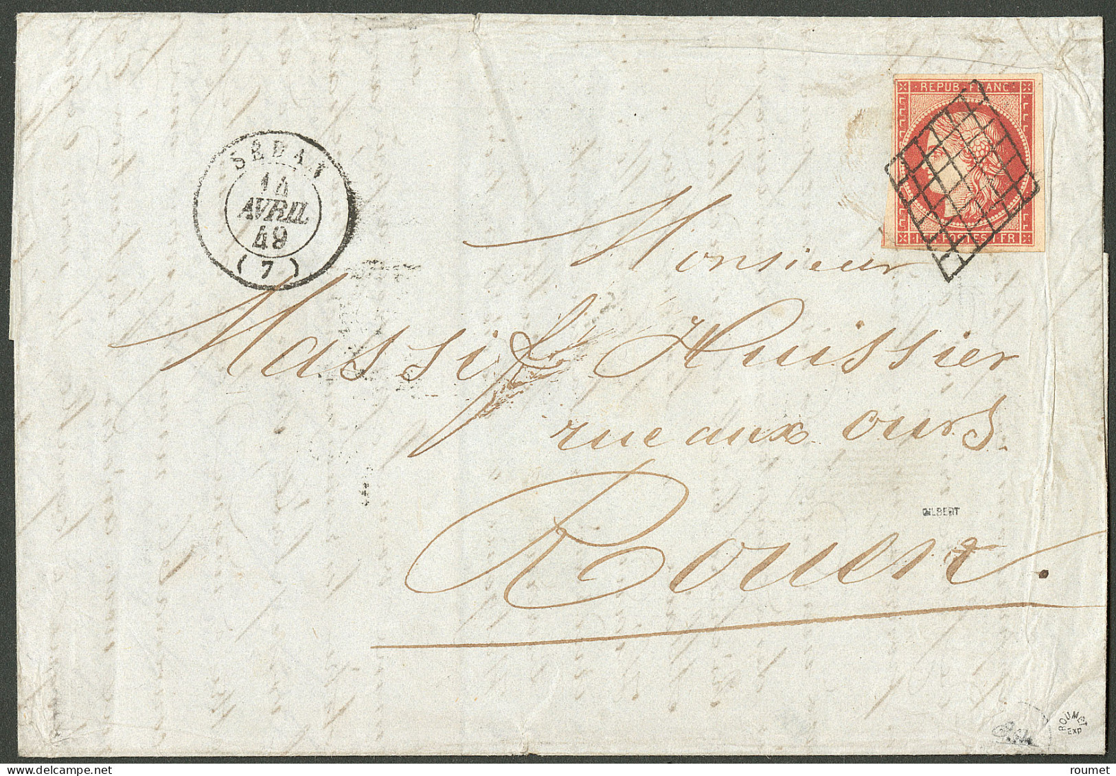 Lettre Vermillon Vif De Sedan. No 7a, Un Voisin, Obl Grille Sur Lettre De Sedan 14 Avril 53 Pour Rouen, Superbe Et Un De - 1849-1850 Ceres