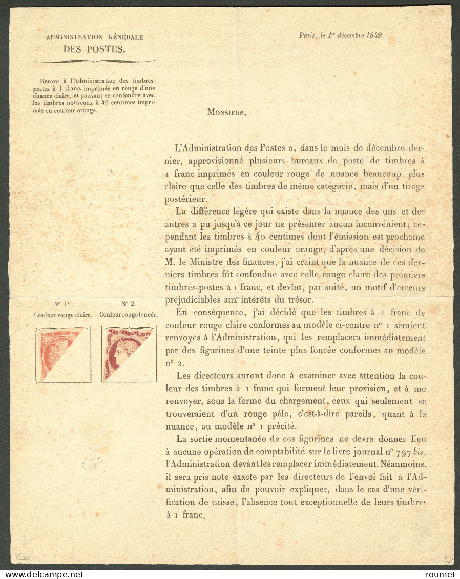 (*) Circulaire (1 Feuillet) De Retrait Du Vermillon Datée Du 1 Décembre 1849, Très Jolie Pièce Rarissime (cote Maury: - 1849-1850 Cérès