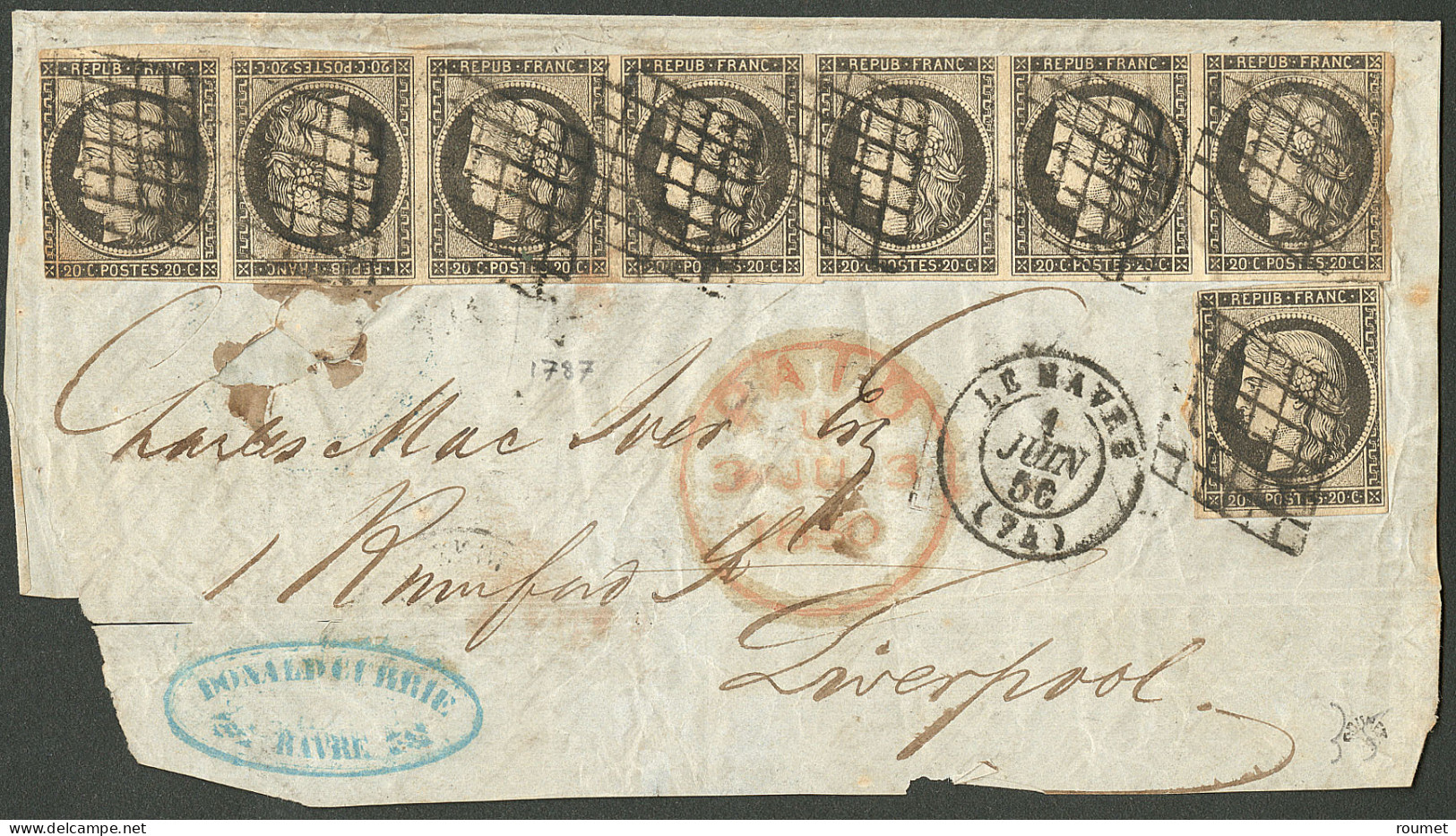 Lettre Tête-bêche. No 3d Paire Dans Une Bande De Sept Ex + Un, Sur Devant De Lettre Du Havre 1 Juin 50 Pour Liverpool, Q - 1849-1850 Ceres