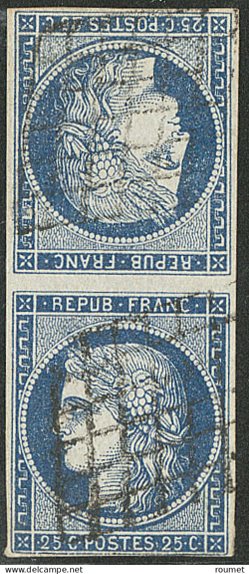 Tête-bêche. No 4c, Bleu Foncé, Paire Verticale, Obl Grille, Pelurage Au Verso D'un Ex Mais Jolie Pièce. - TB. - R - 1849-1850 Cérès