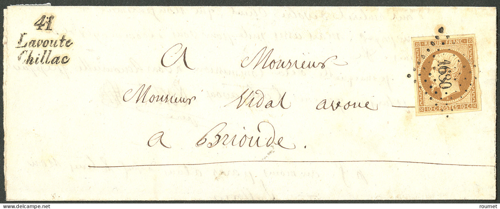 Lettre No 9d, Bistre-brun Foncé, Obl Pc 1680 Sur Lettre Avec Cursive "41/Lavoute/Chillac" Pour Brioude, Jolie Pièce. - T - 1852 Louis-Napoleon