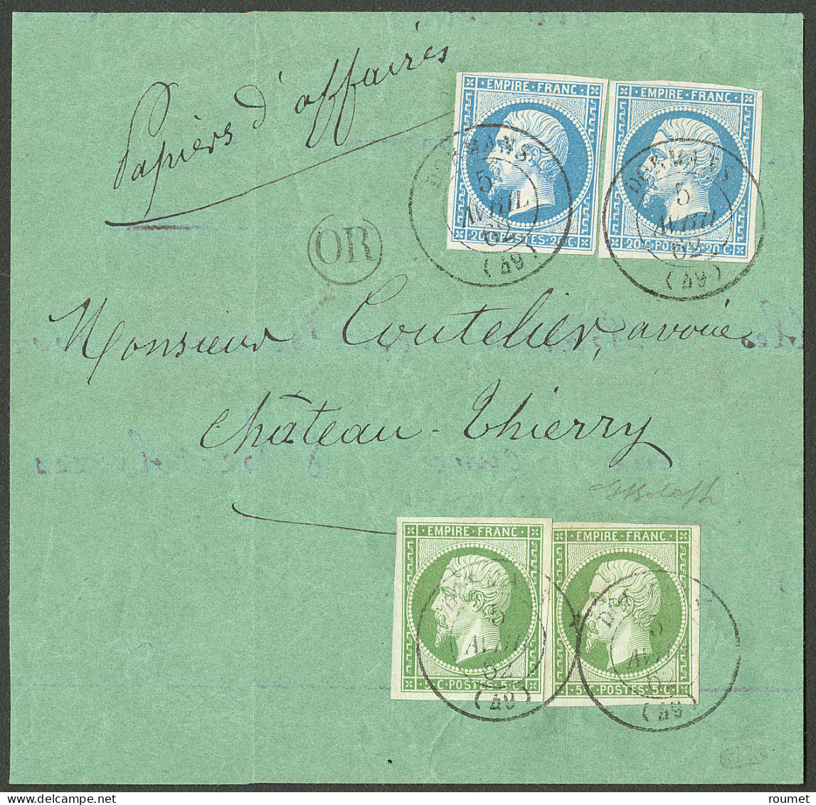 Lettre Affranchissement à 50cts. Nos 12 (2) + 14A (2), Obl Cad 15 Dormans Avril 62, Sur Bande D'envoi De Papiers D'affai - 1853-1860 Napoleon III