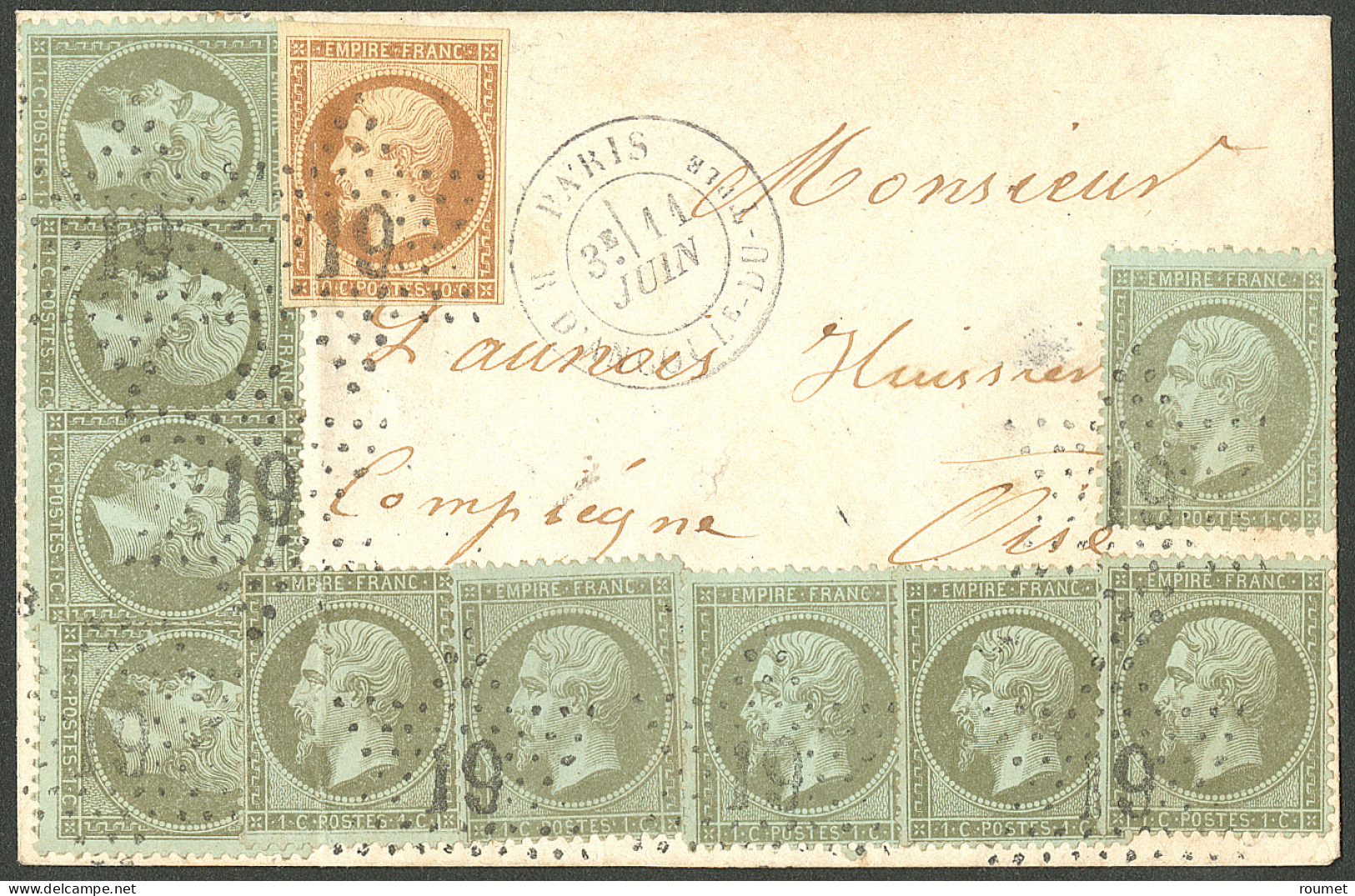 Lettre Deux émissions. Nos 13c (pli) + 19 (10 Dont Un Pli), Obl étoile "19" Sur Enveloppe De Paris Juin 66 Pour Compiègn - 1853-1860 Napoleon III