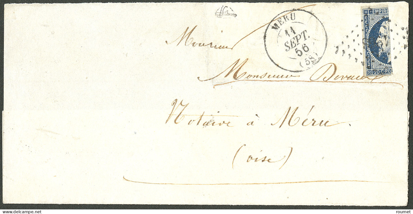 Lettre Coupé De Méru. No 14Aa, Coupé En Deux Verticalement, Obl Pc 1968 Sur Fragment De Lettre Locale, Très Jolie Pièce. - 1853-1860 Napoleon III