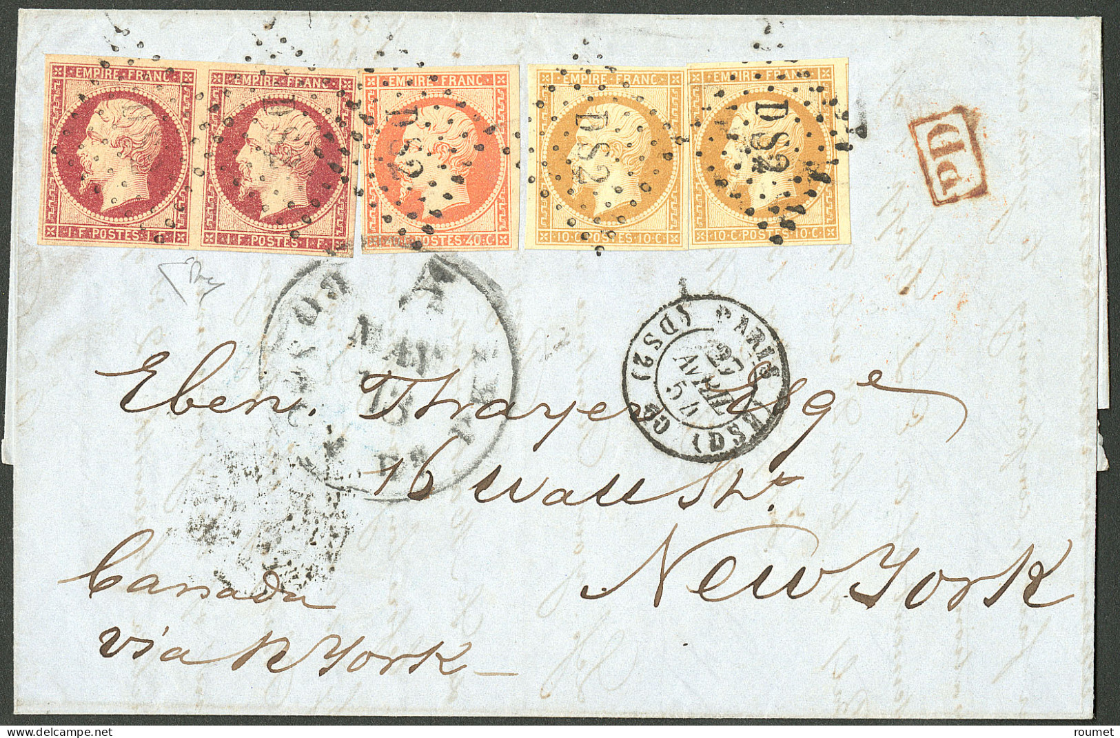 Lettre Affranchissement Tricolore à 2.60f, En Double Port Pour Les Etats-Unis. Nos 18 Paire + 13 (2) + 16, Obl Losange " - 1853-1860 Napoleon III