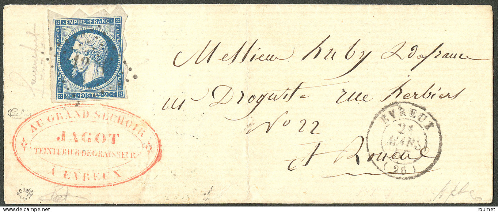 Lettre Piquage D'Evreux. No 14 Sur Lettre D'Evreux 21 Mars 57, Avec Cachet Commercial Rouge, Pour Rouen, Superbe. - RR - 1853-1860 Napoleon III