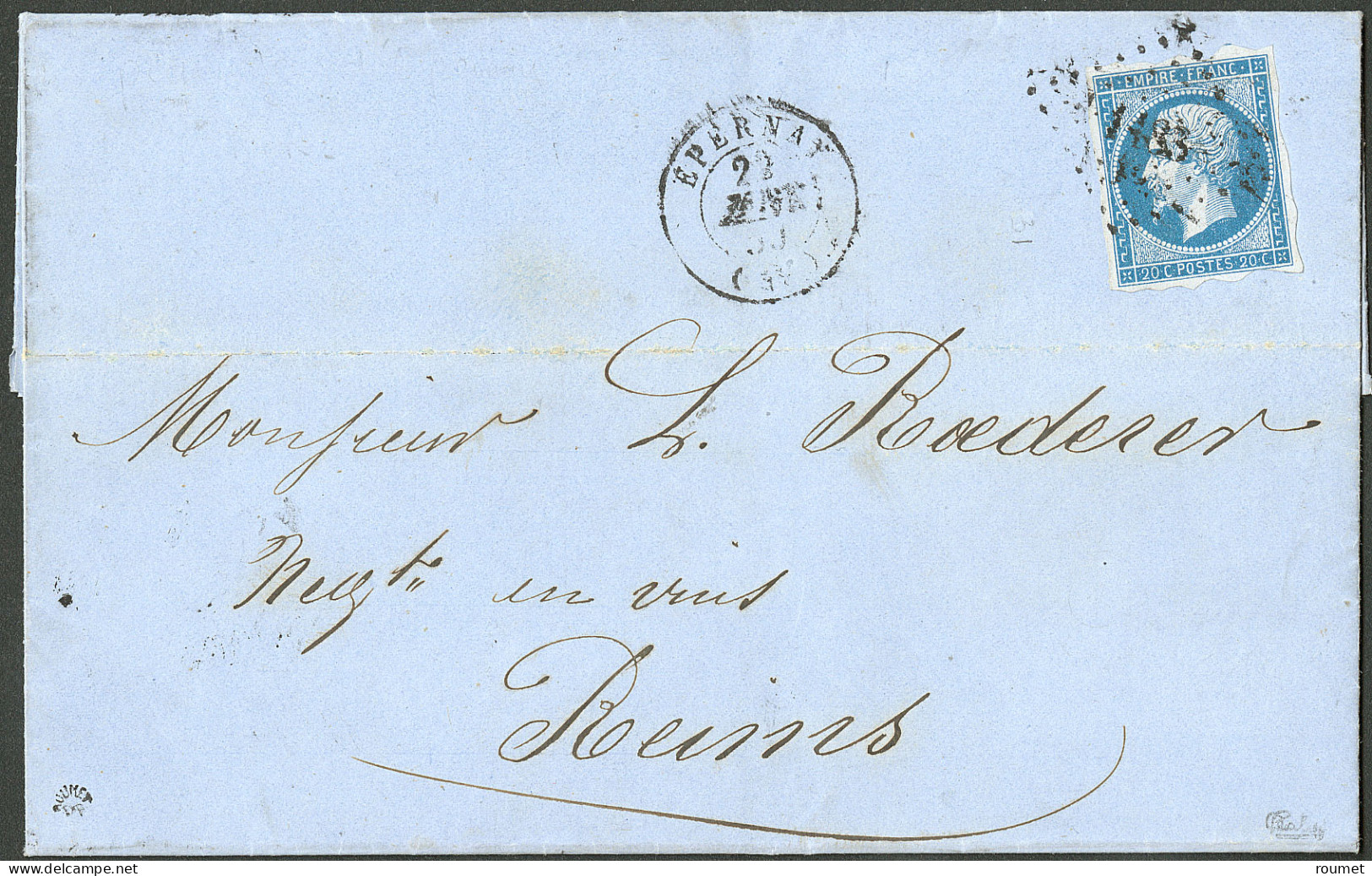 Lettre Piquage D'Epernay. No 14, Sur Lettre D'Epernay 22 Janv 59 Pour Reims, Très Jolie Pièce. - TB. - RR - 1853-1860 Napoleon III