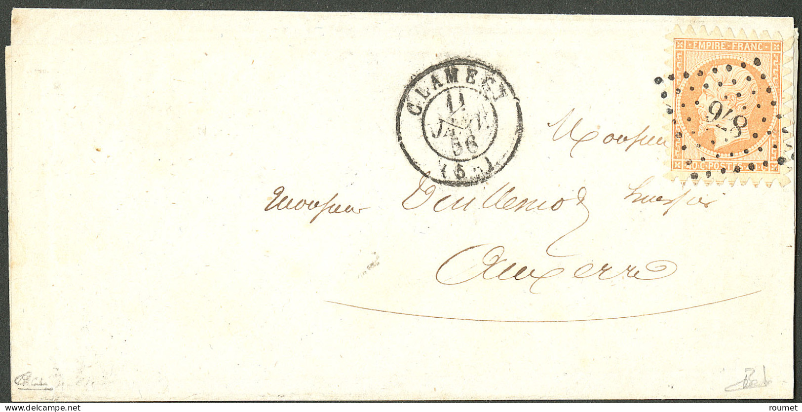 Lettre Piquage De Clamecy. No 16 Obl Pc 876 Sur Lettre De Clamecy 11 Janv 56, En Double Pour Auxerre, Superbe. - RRR - 1853-1860 Napoleon III