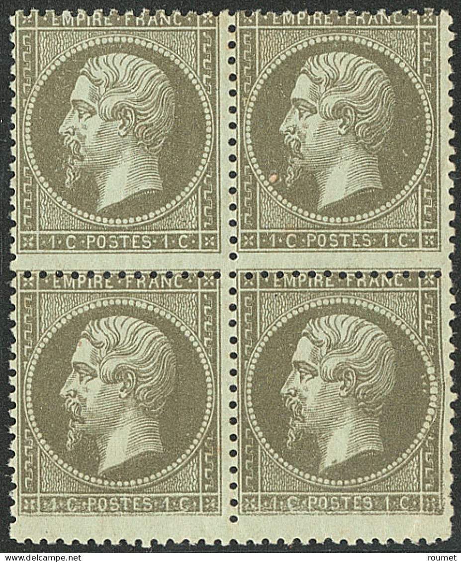 ** Piquage à Cheval. No 19c, Vert-olive Foncé, Bloc De Quatre (deux Ex *), Pli D'angle Sur Un Ex Sinon TB - 1862 Napoleone III