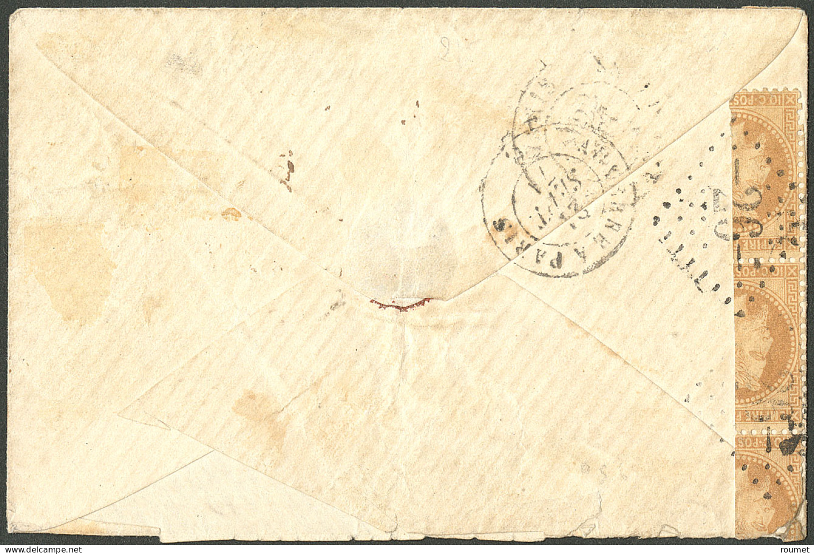 Lettre Timbres Coupés. No 28 Bande De Cinq Verticale Bdf Coupée Verticalement, Obl Gc 26 Sur Enveloppe D'Aillant Sur Tho - 1863-1870 Napoléon III. Laure