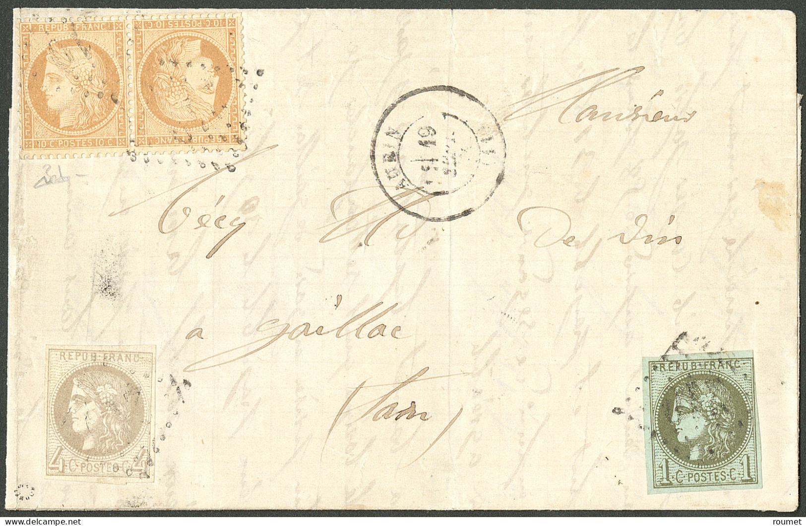 Lettre Tête-bêche. Affranchissement Tricolore, Deux émissions. Nos 36b Paire + 39 + 41B, Obl Gc 210 Sur Lettre D'Aubin 1 - 1870 Assedio Di Parigi