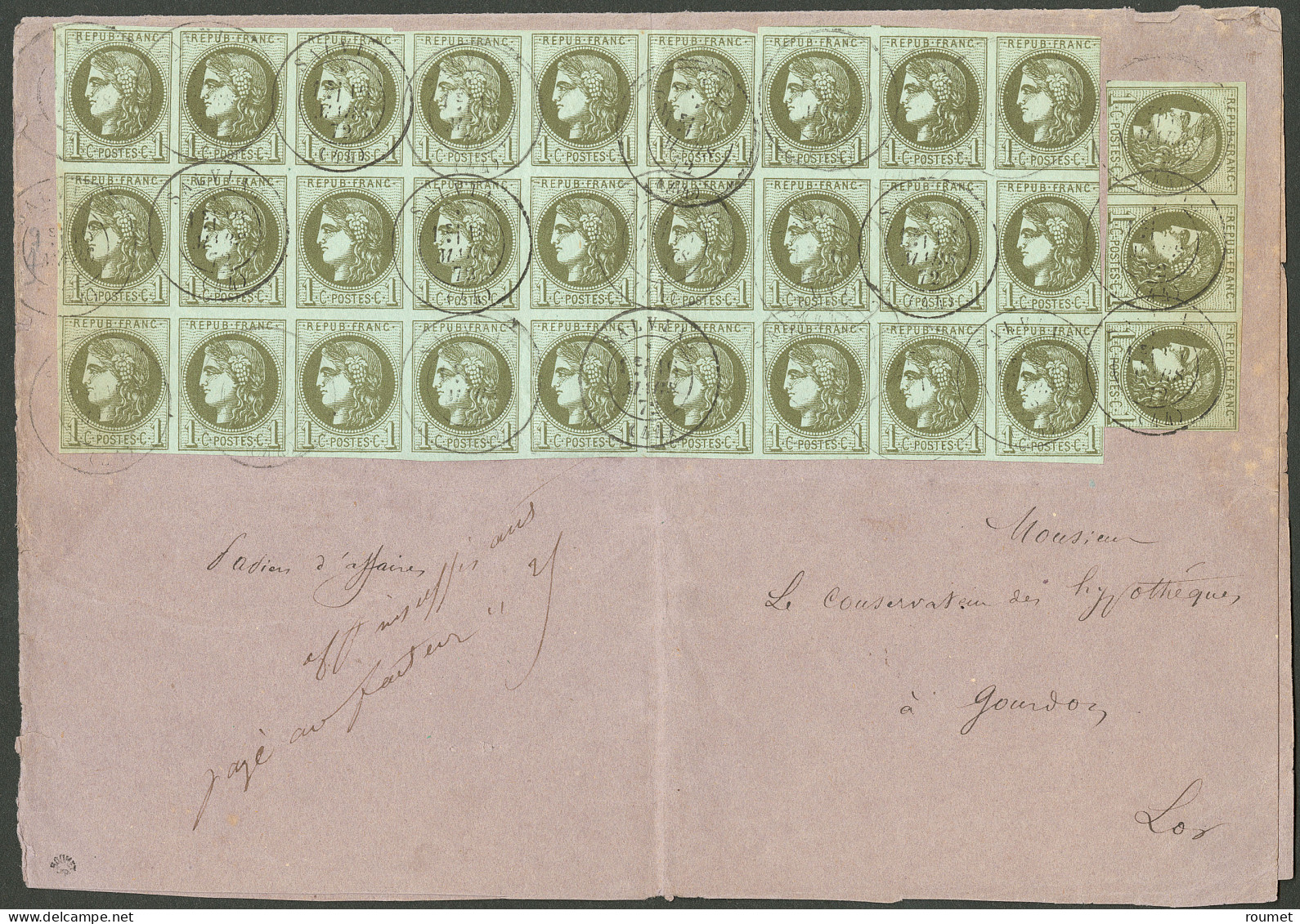 Lettre No 39B, Bloc De 27 Ex + Bande De Trois (qqs Ex Pd), Sur Enveloppe D'envoi De Papiers D'affaires De Salviac Pour G - 1870 Bordeaux Printing