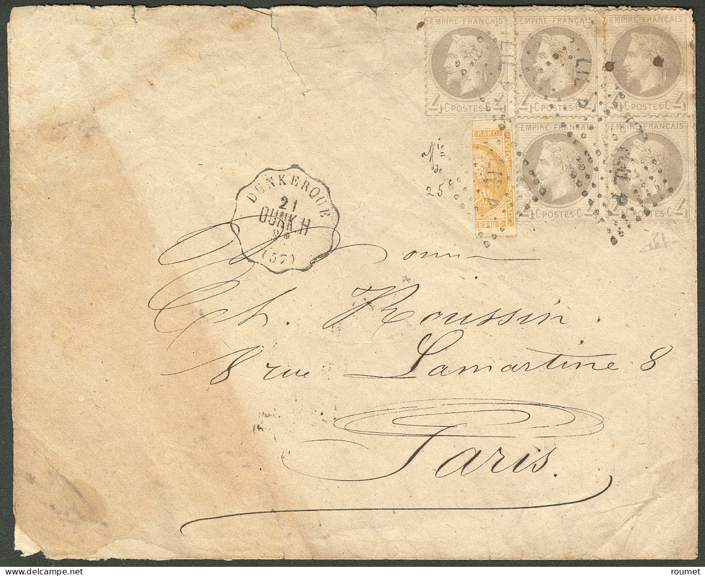 Lettre Timbre Coupé. No 43B Coupé Verticalement + 27 Bloc De Cinq, Obl Losange "LIL P", Sur Enveloppe Avec Convoyeur "DU - 1870 Ausgabe Bordeaux