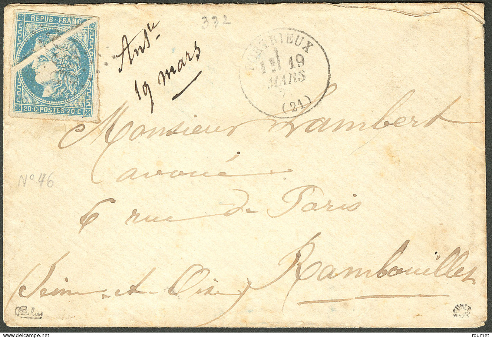 Lettre Pli Accordéon. No 46B, Sur Enveloppe De Portrieux Mars 71 Pour Rambouillet, Superbe. - R - 1870 Ausgabe Bordeaux