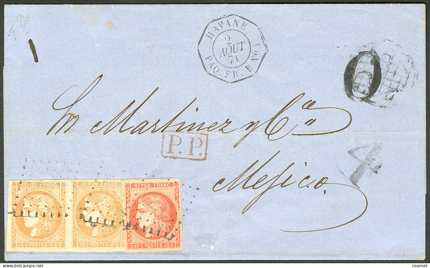 Lettre La Havane. Nos 48 + 43B Paire, Obl Ancre Sur Lettre Avec Cad "Havane Paq.Fr.B N°1" Pour Mexico Et Taxe Tampon "4" - 1870 Ausgabe Bordeaux