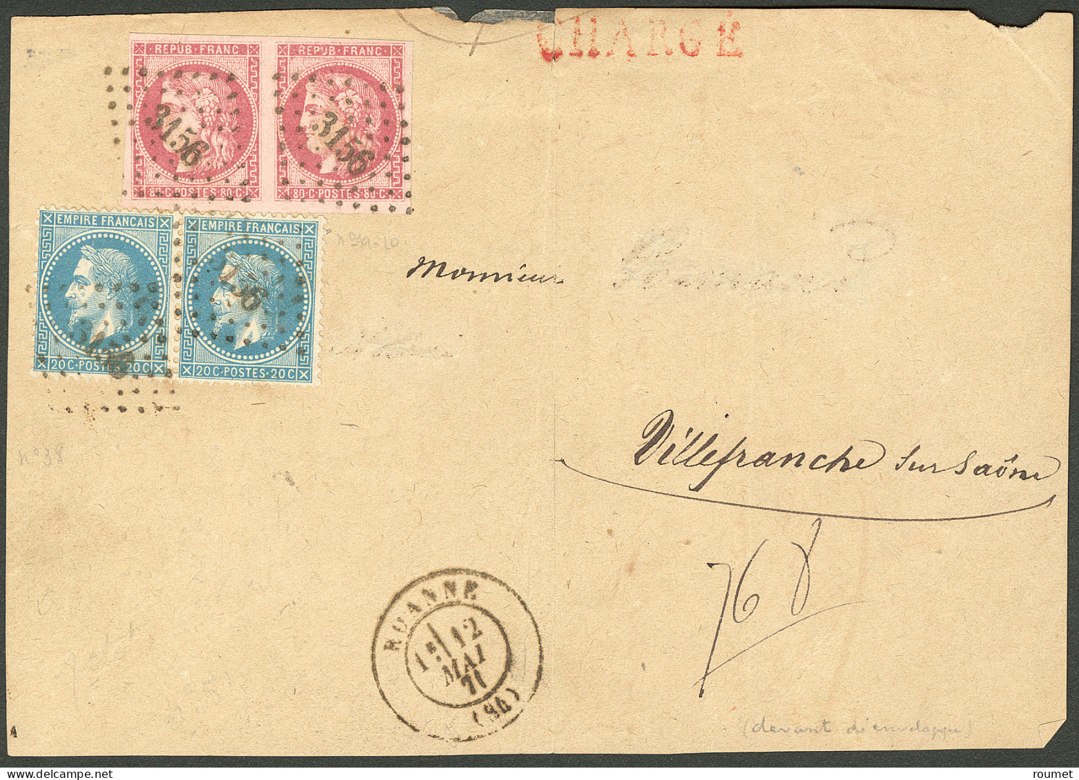 Lettre Nos 49 Paire + 29, Obl Pgc 3156 Sur Enveloppe Chargée De Roanne 12 Mai 71 Pour Villefranche. - TB - 1870 Ausgabe Bordeaux