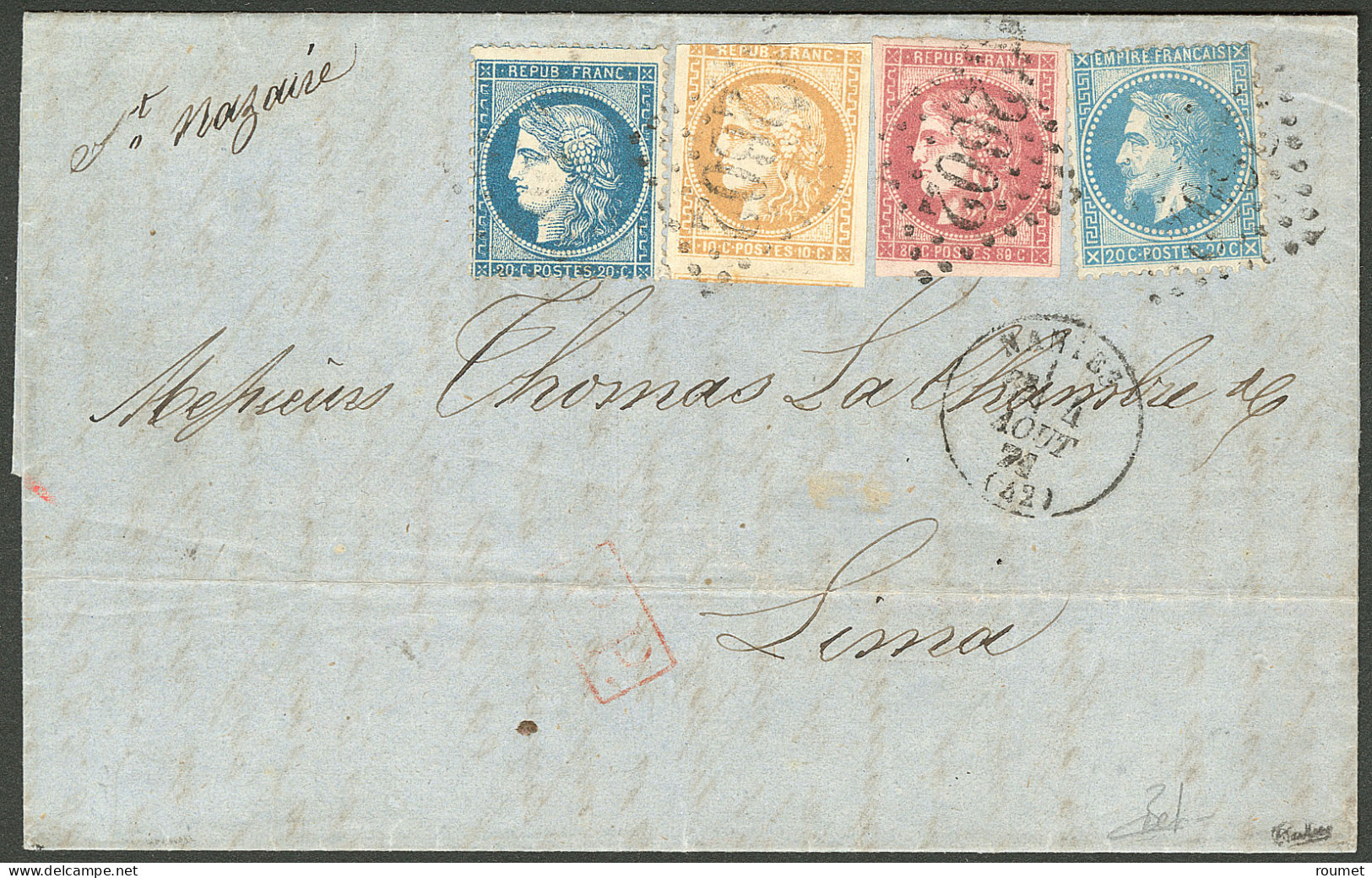 Lettre Variété "88". Affranchissement Tricolore, Trois émissions. Nos 49f (nuance Groseille, Filet Touché à Gauche En Ba - 1870 Ausgabe Bordeaux