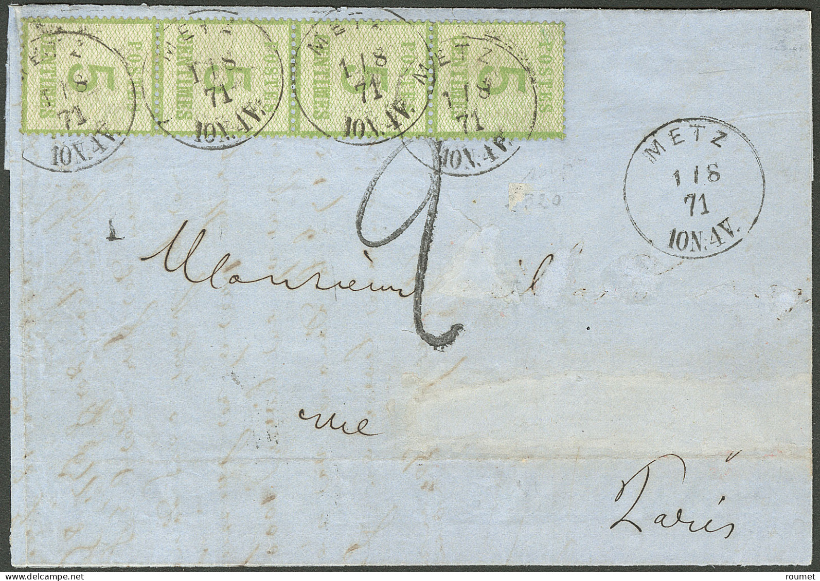 Lettre Burelage Renversé. No 4b, Bande De Quatre Verticale Obl Cad Metz 1/8.71 Sur Lettre Pour Paris Avec Taxe Allemande - Autres & Non Classés