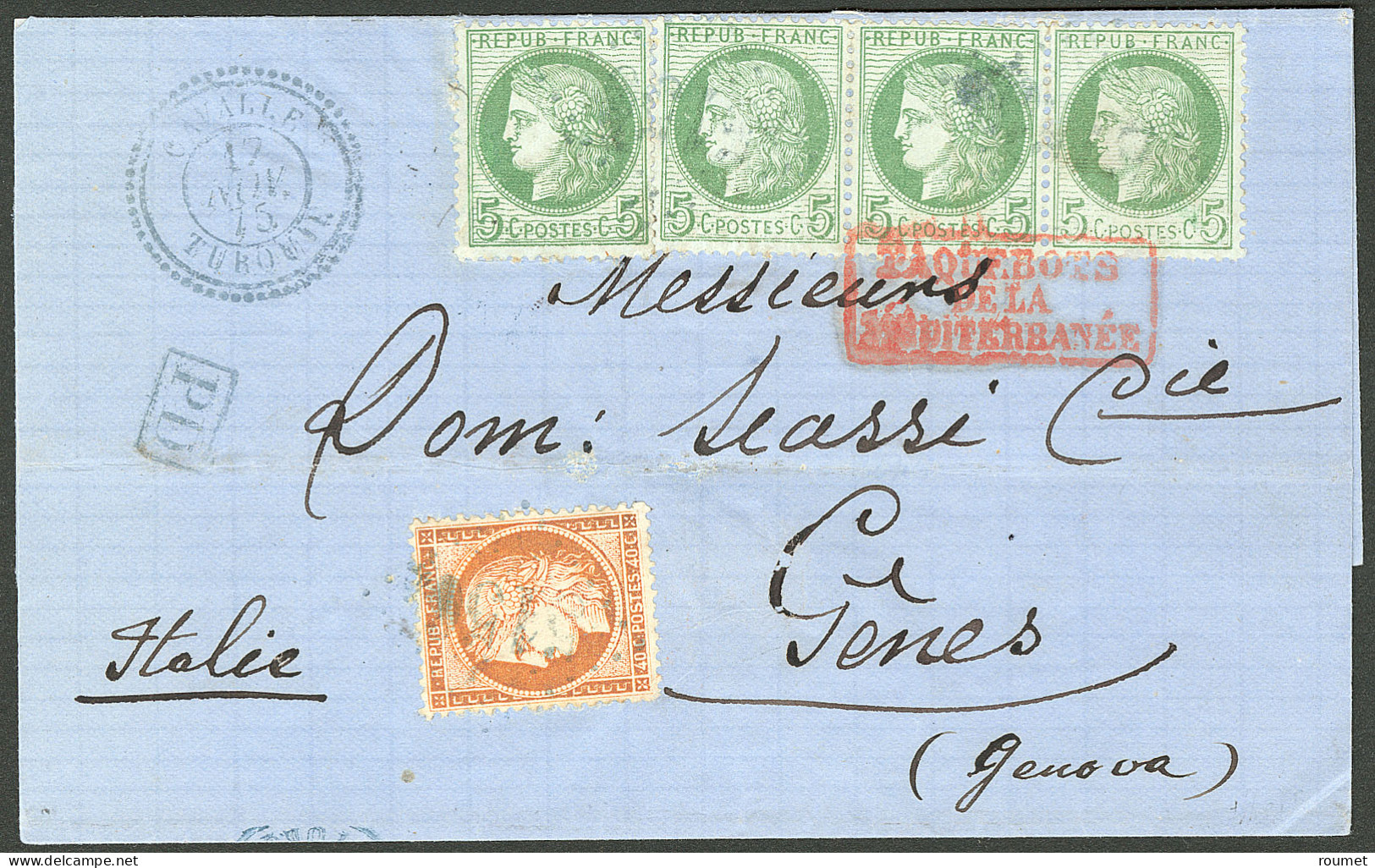 Lettre Cavalle. Nos 53 (bande De Trois + Un) + 38, Obl Gc Bleu 5156 Sur Lettre Avec Cad Bleu Cavalle 13 Nov 75 Pour Gêne - 1871-1875 Ceres