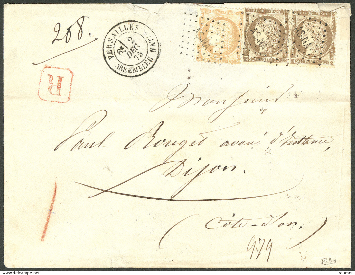 Lettre Assemblée Nationale. Nos 55 + 56 Paire, Obl Petit Losange "AS.NA" Sur Enveloppe Recommandée Avec Cad Versailes 2  - 1871-1875 Cérès