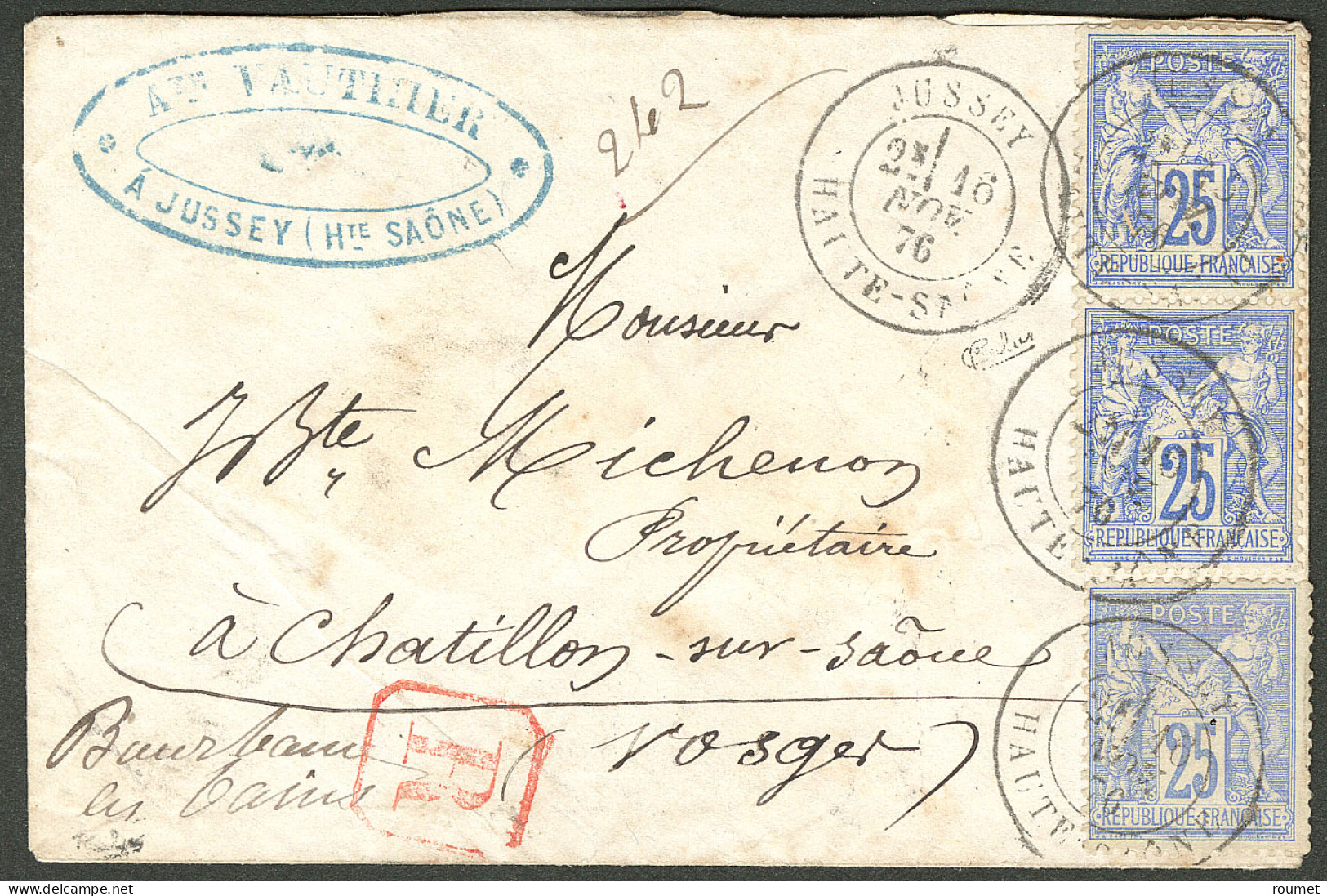 Lettre Types I Et II Se Tenant. Nos 68c Paire Verticale + 78, Obl Cad 18 Jussey 16 Nov 76 Sur Enveloppe Recommandée Pour - 1876-1878 Sage (Typ I)