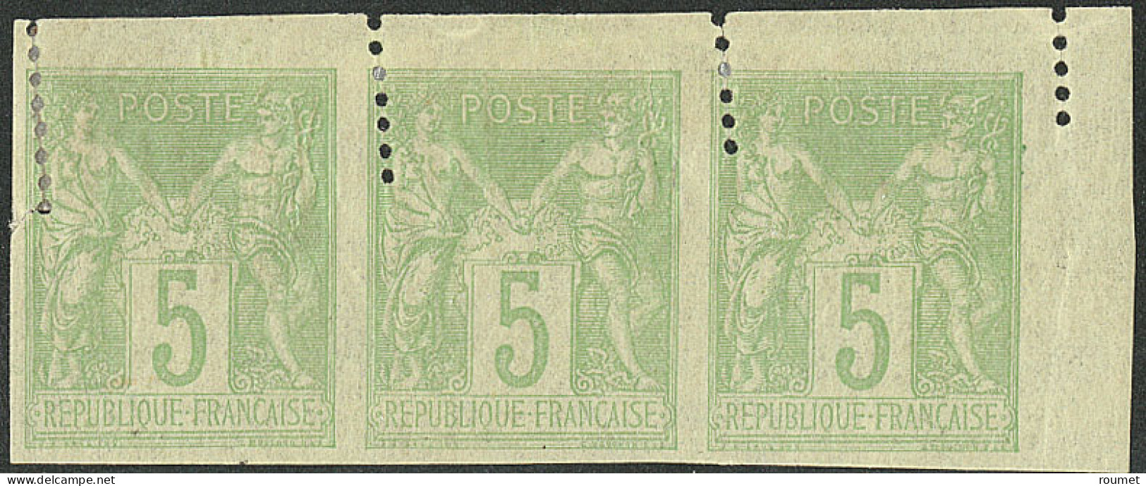 * Variété De Piquage. No 102, Vert-jaune, Bande De Trois Cdf Avec Piquage Partiel. - TB - 1876-1878 Sage (Tipo I)