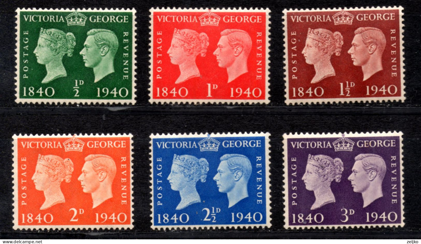 UK, GB, Great Britain, MNH, 1940, Michel 215 - 220, Victoria And George VI, Centenary Of The Stamp - Neufs