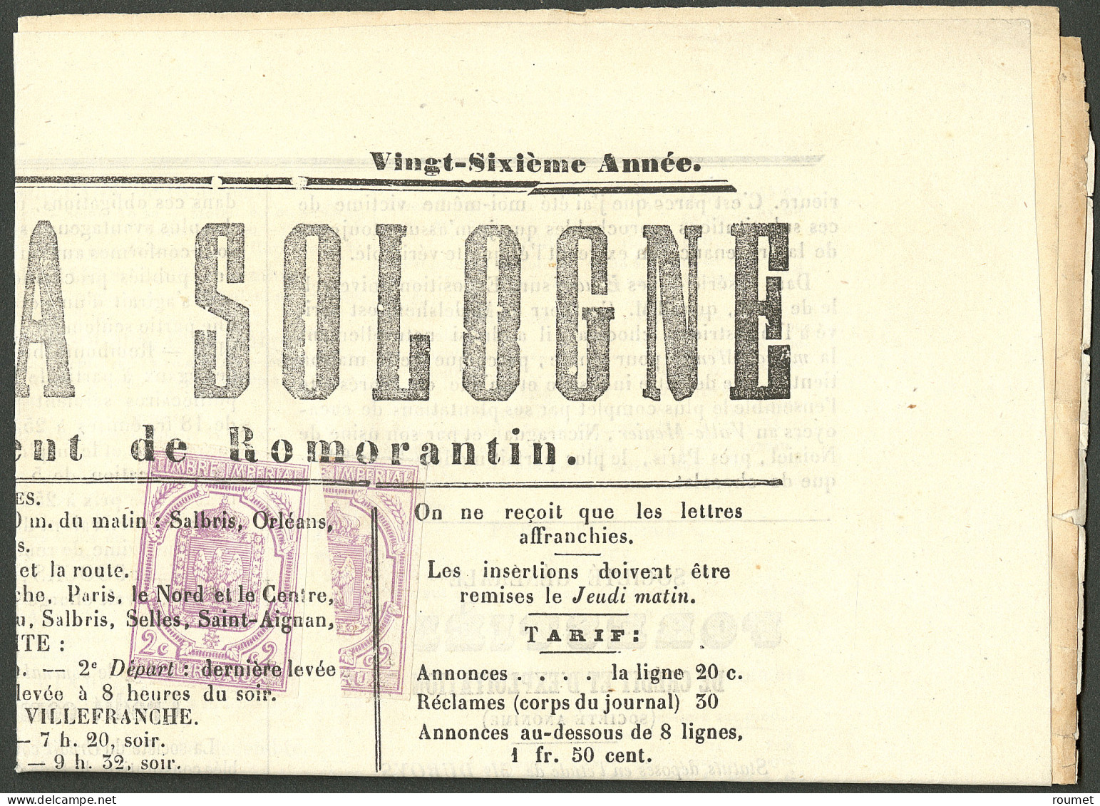 Lettre Timbre Coupé. No 1 + 1 Coupé Verticalement, Impression Typo Sur Journal "L'Echo De La Sologne" Du 24 Déc 1869, Pi - Journaux